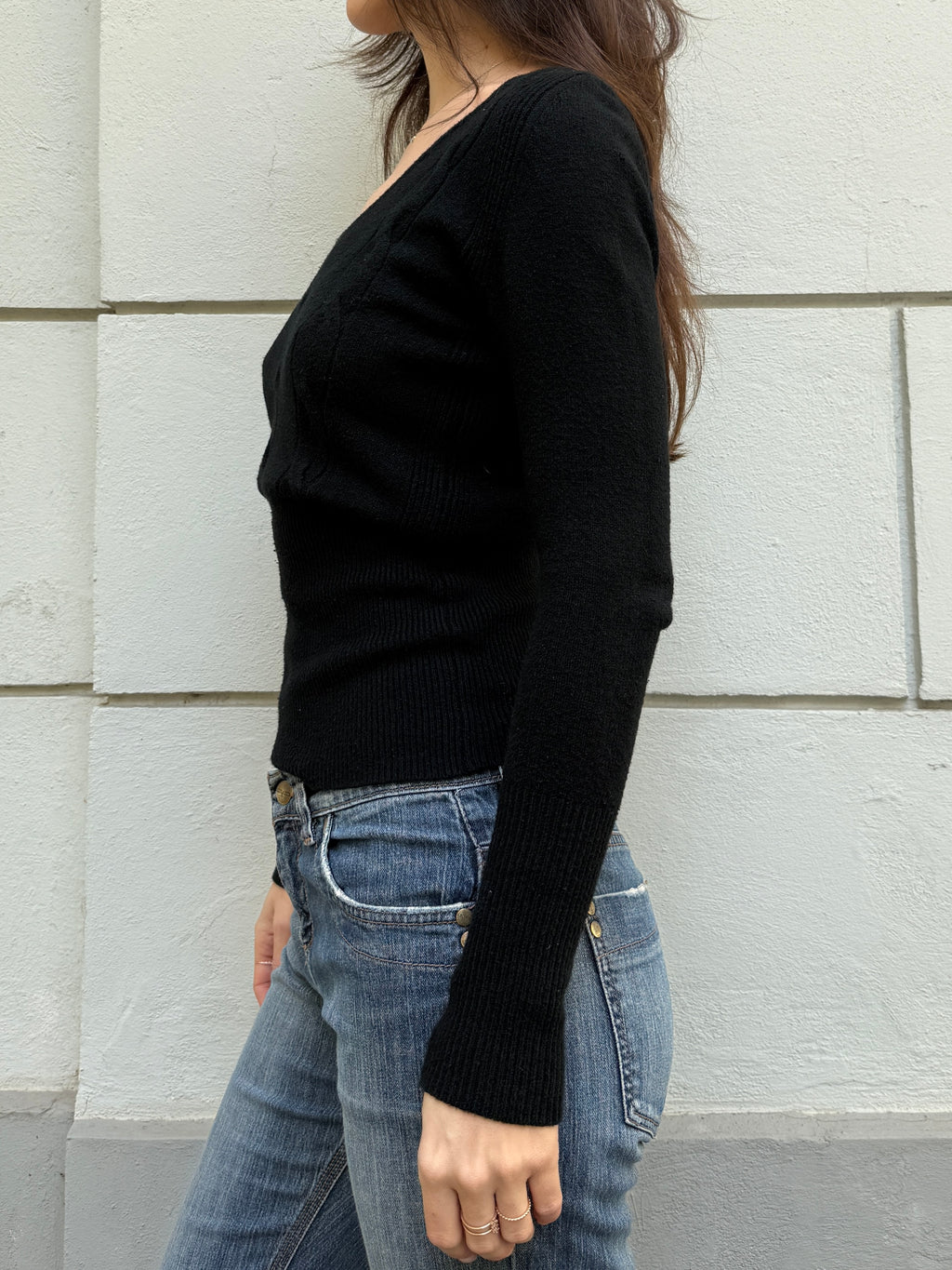 Vintage Wool/Cashmere Blend V-Neck Sweater Top Black S