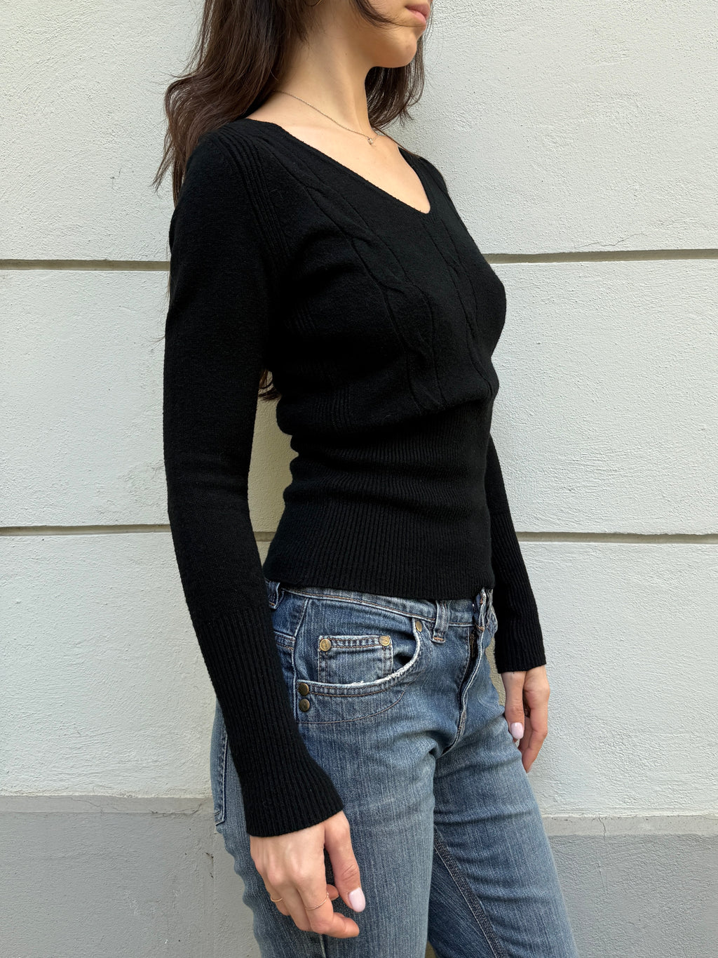 Vintage Wool/Cashmere Blend V-Neck Sweater Top Black S