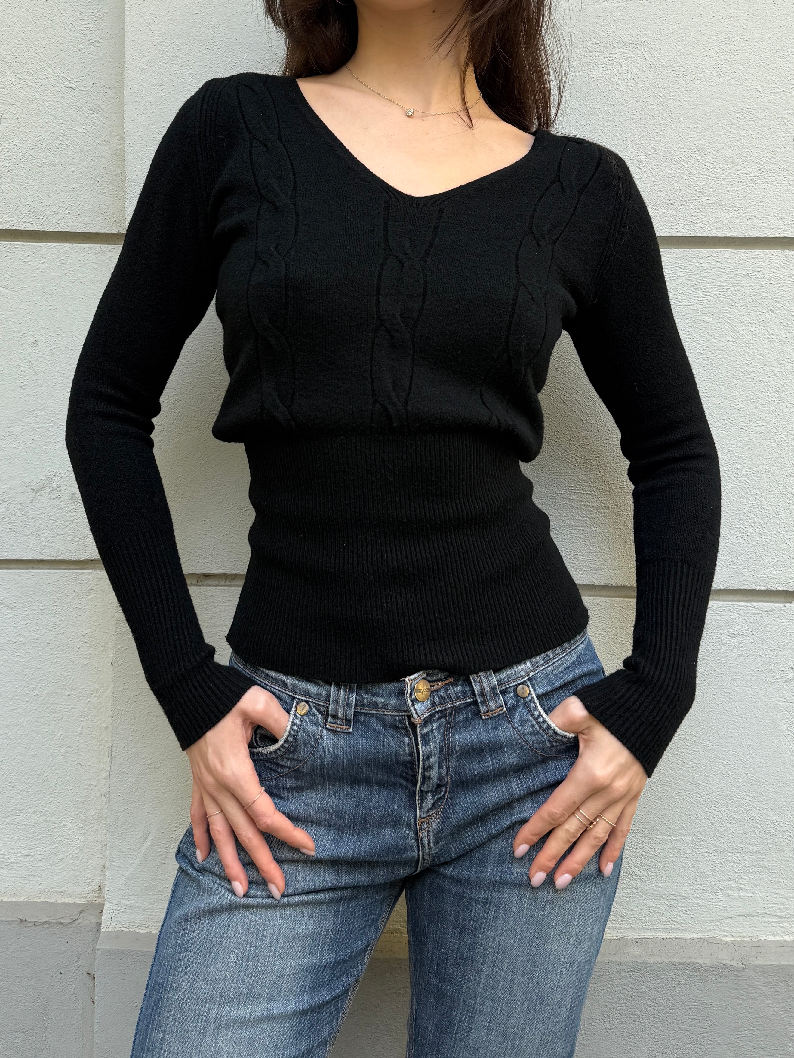 Vintage Wool/Cashmere Blend V-Neck Sweater Top Black S