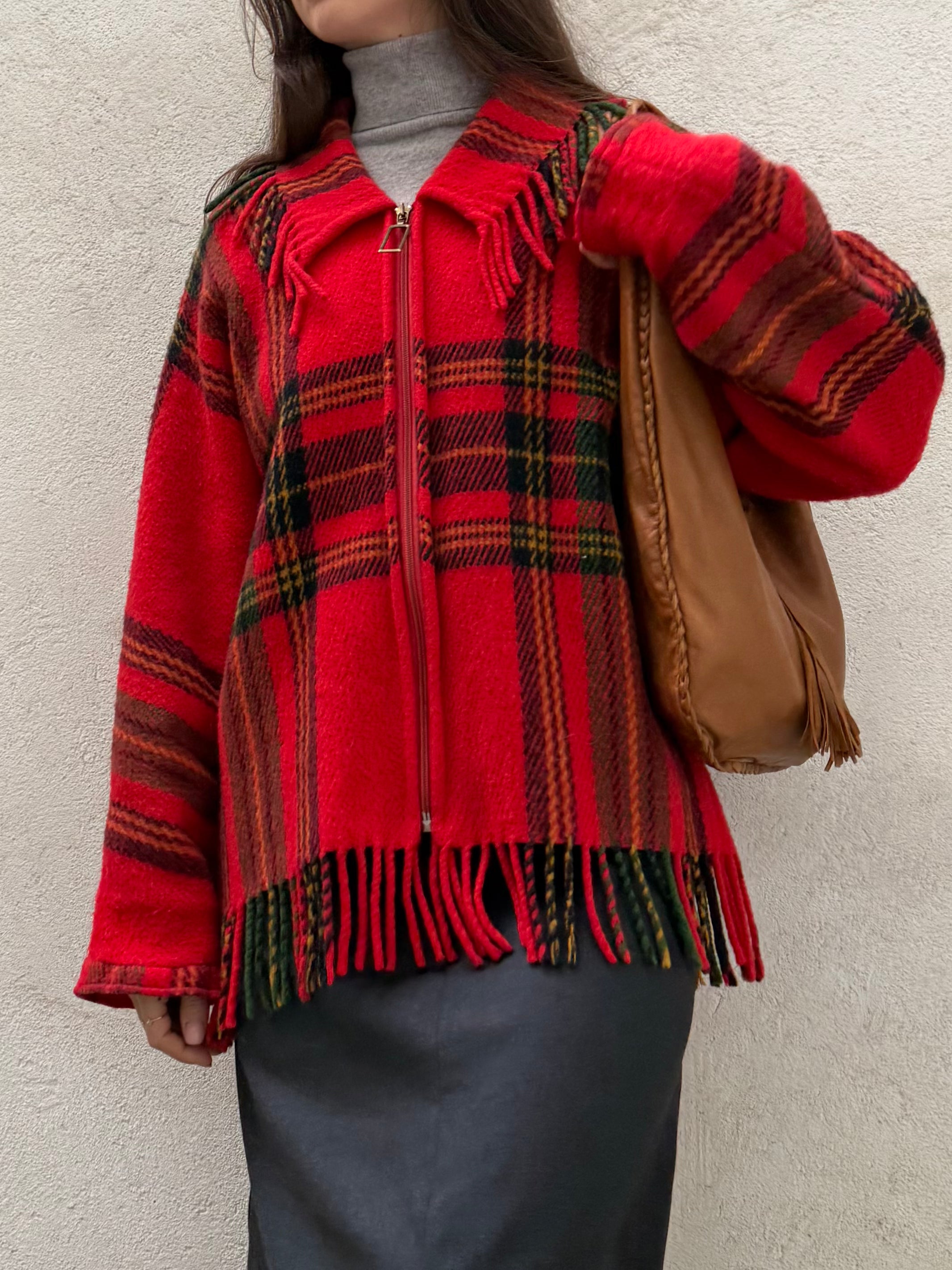 Vintage 100% Wool Plaid Tartan Fringe Jacket M