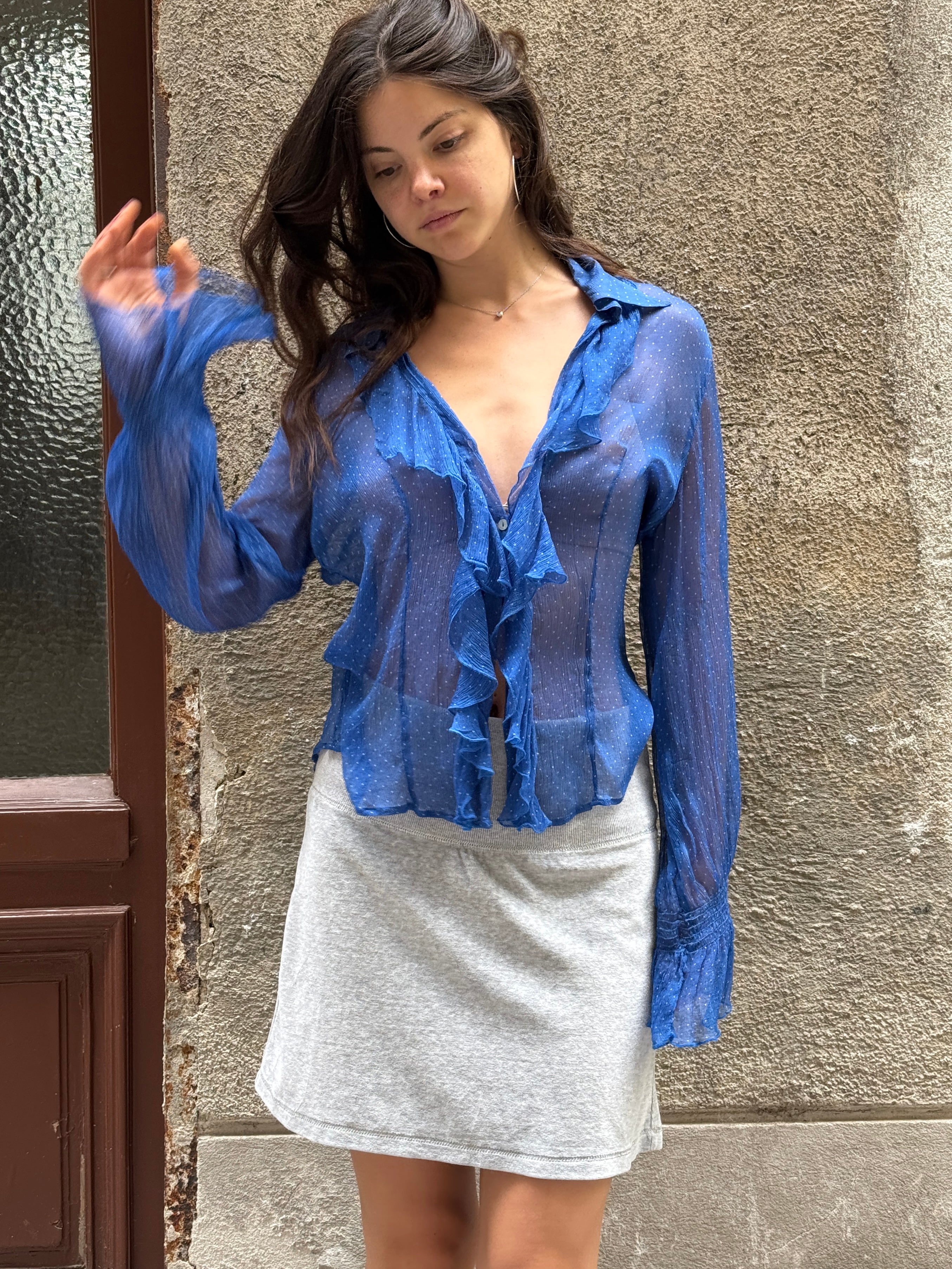 Vintage 100% Silk Ruffle Blue Polka Dot Blouse M/L