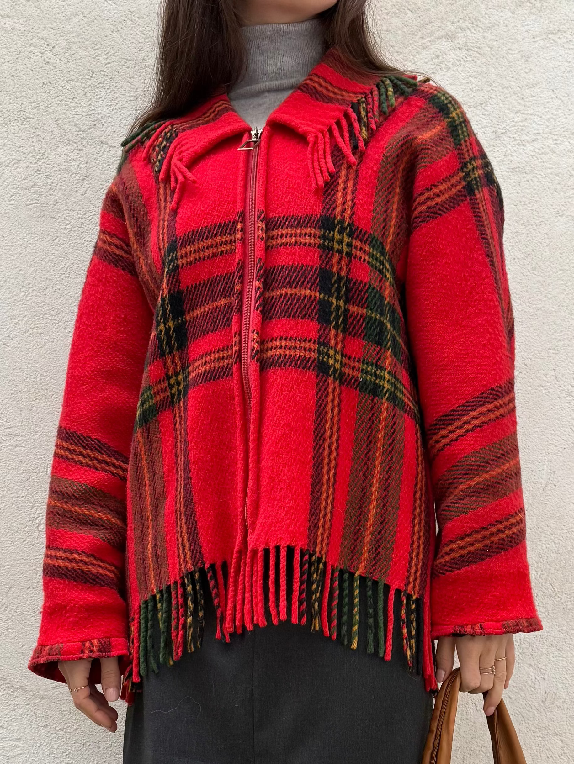 Vintage 100% Wool Plaid Tartan Fringe Jacket M