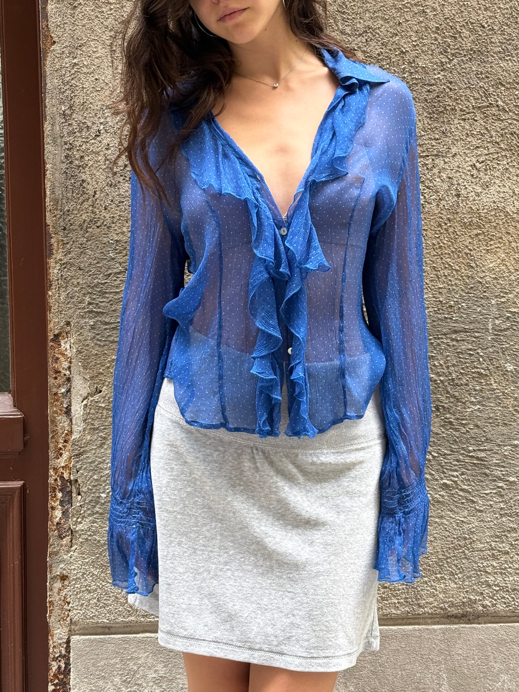 Vintage 100% Silk Ruffle Blue Polka Dot Blouse M/L