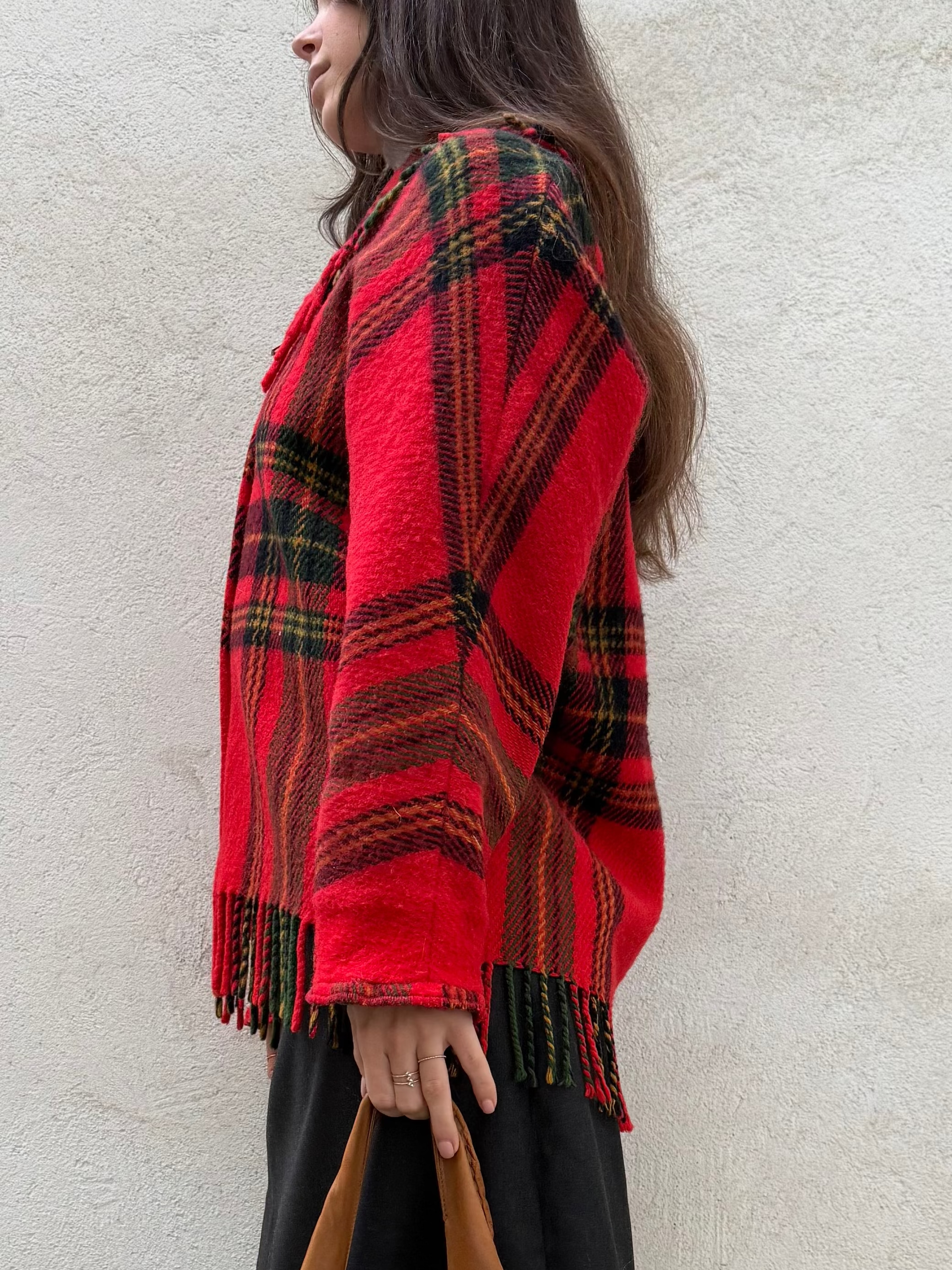 Vintage 100% Wool Plaid Tartan Fringe Jacket M