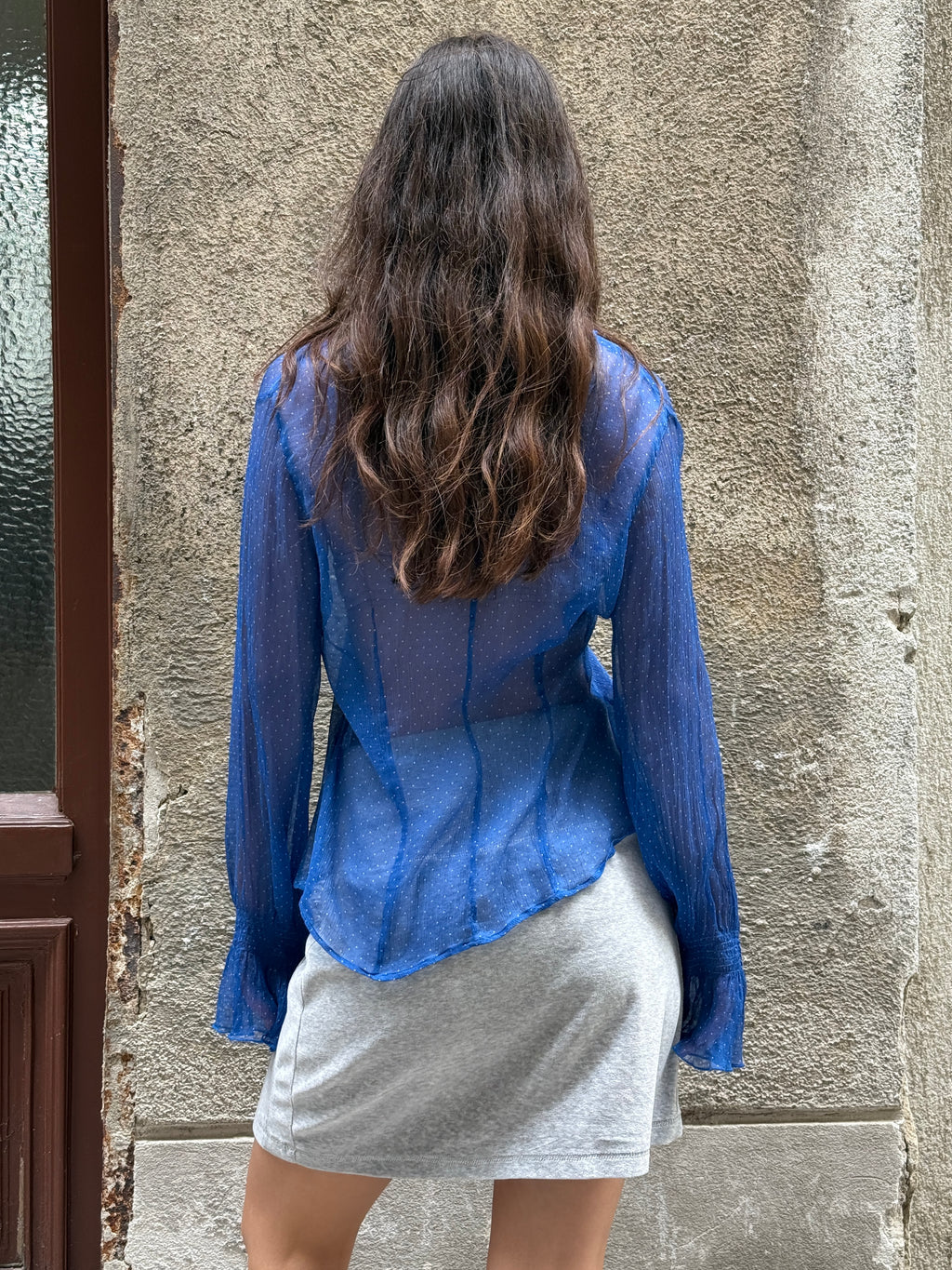 Vintage 100% Silk Ruffle Blue Polka Dot Blouse M/L