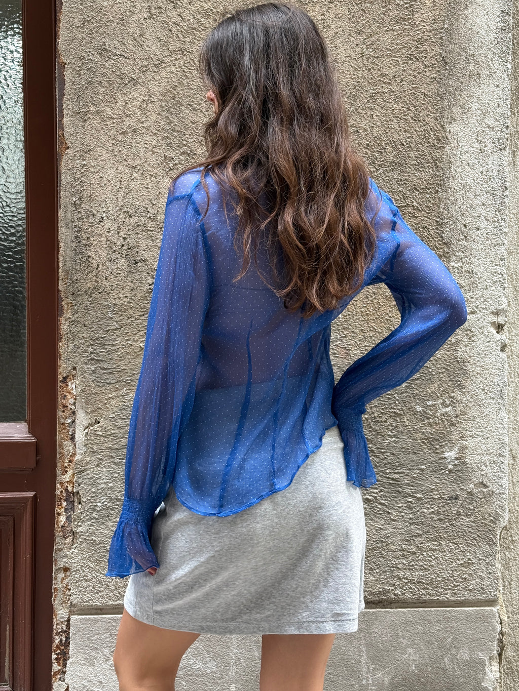 Vintage 100% Silk Ruffle Blue Polka Dot Blouse M/L
