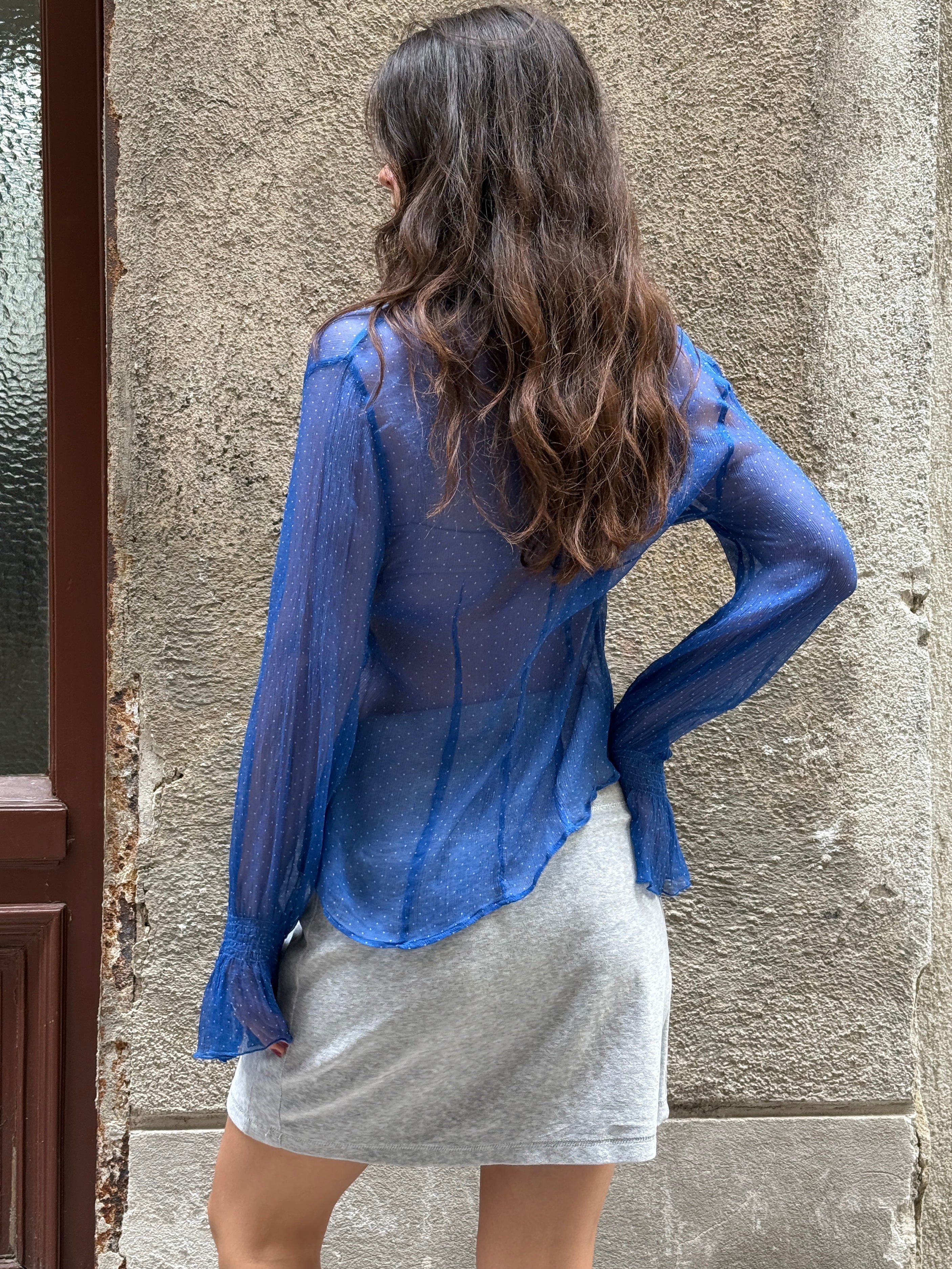 Vintage 100% Silk Ruffle Blue Polka Dot Blouse M/L