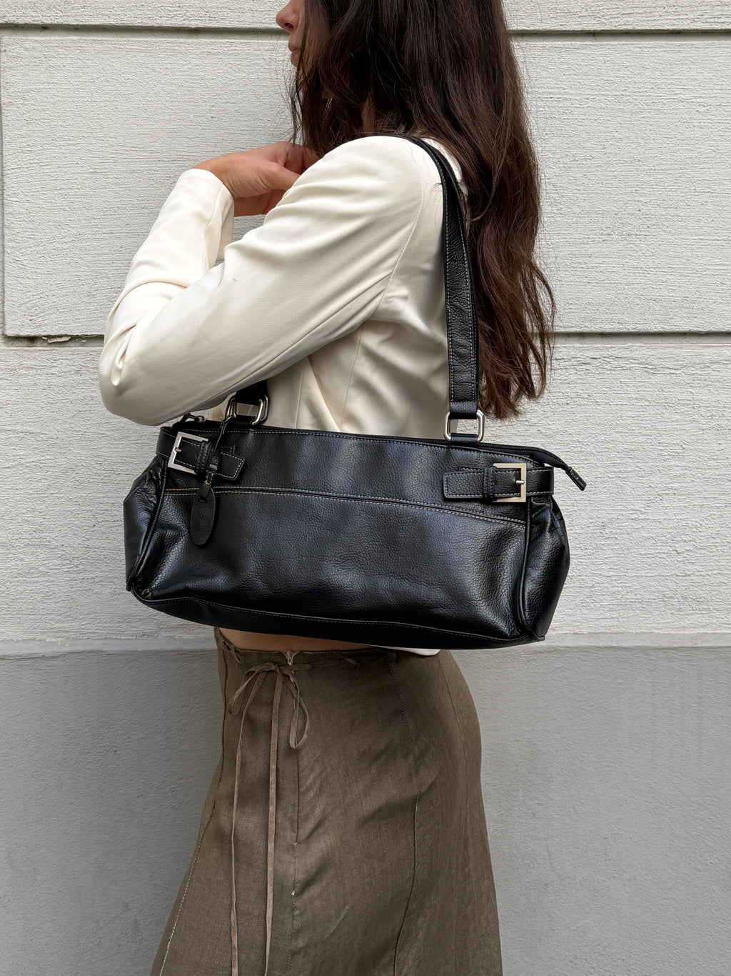 Vintage 100% Genuine Leather Black Baguette Bag