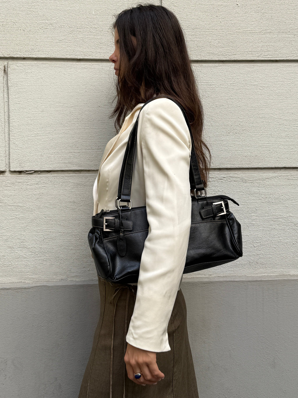 Vintage 100% Genuine Leather Black Baguette Bag