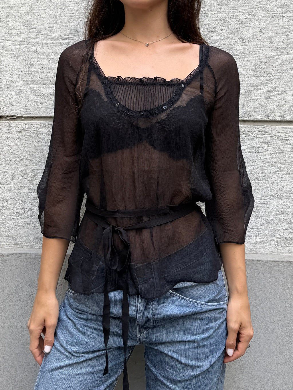 Vintage 100% Silk Black 3/4 Sleeve Blouse S/M