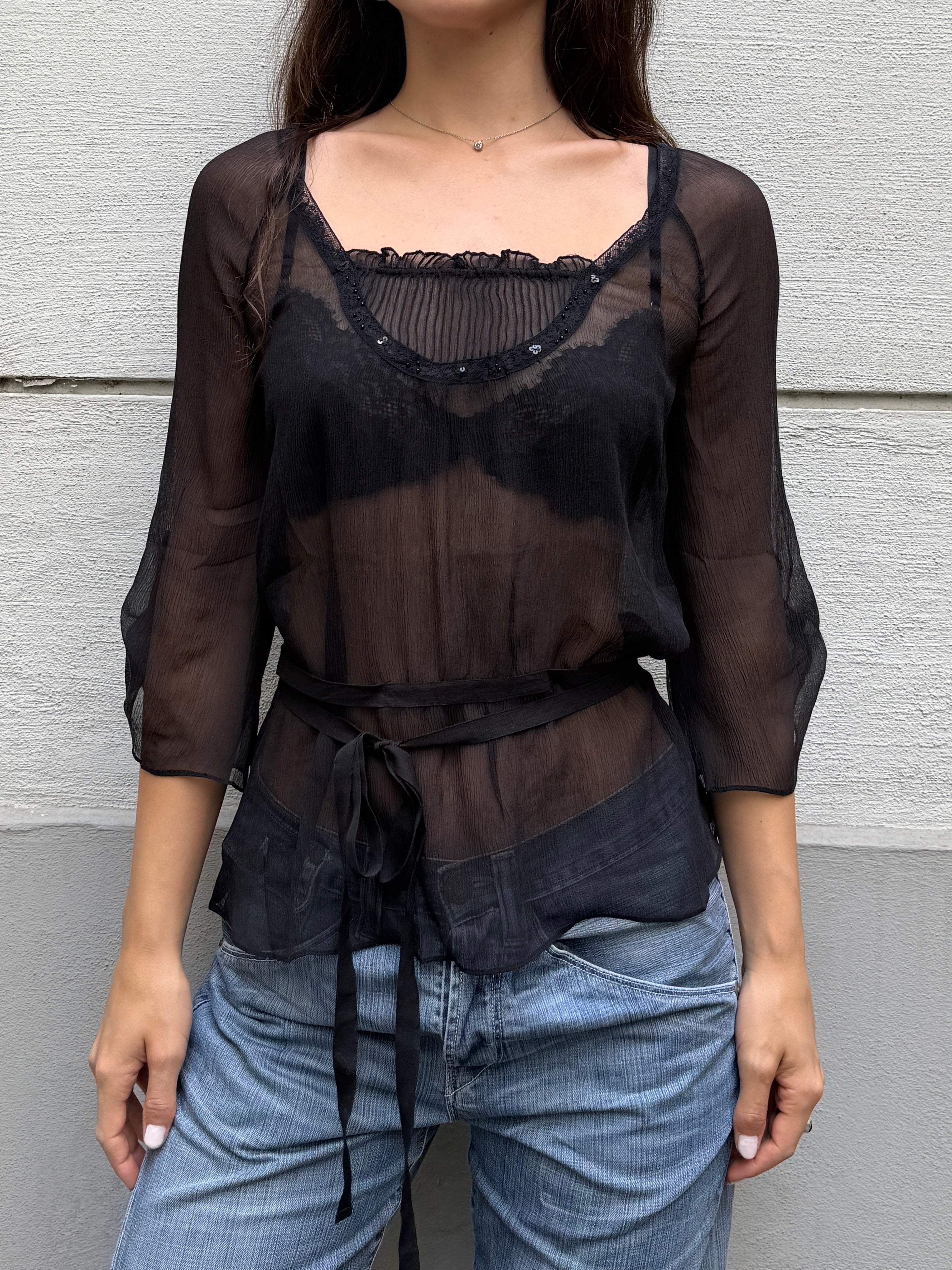 Vintage 100% Silk Black 3/4 Sleeve Blouse S/M