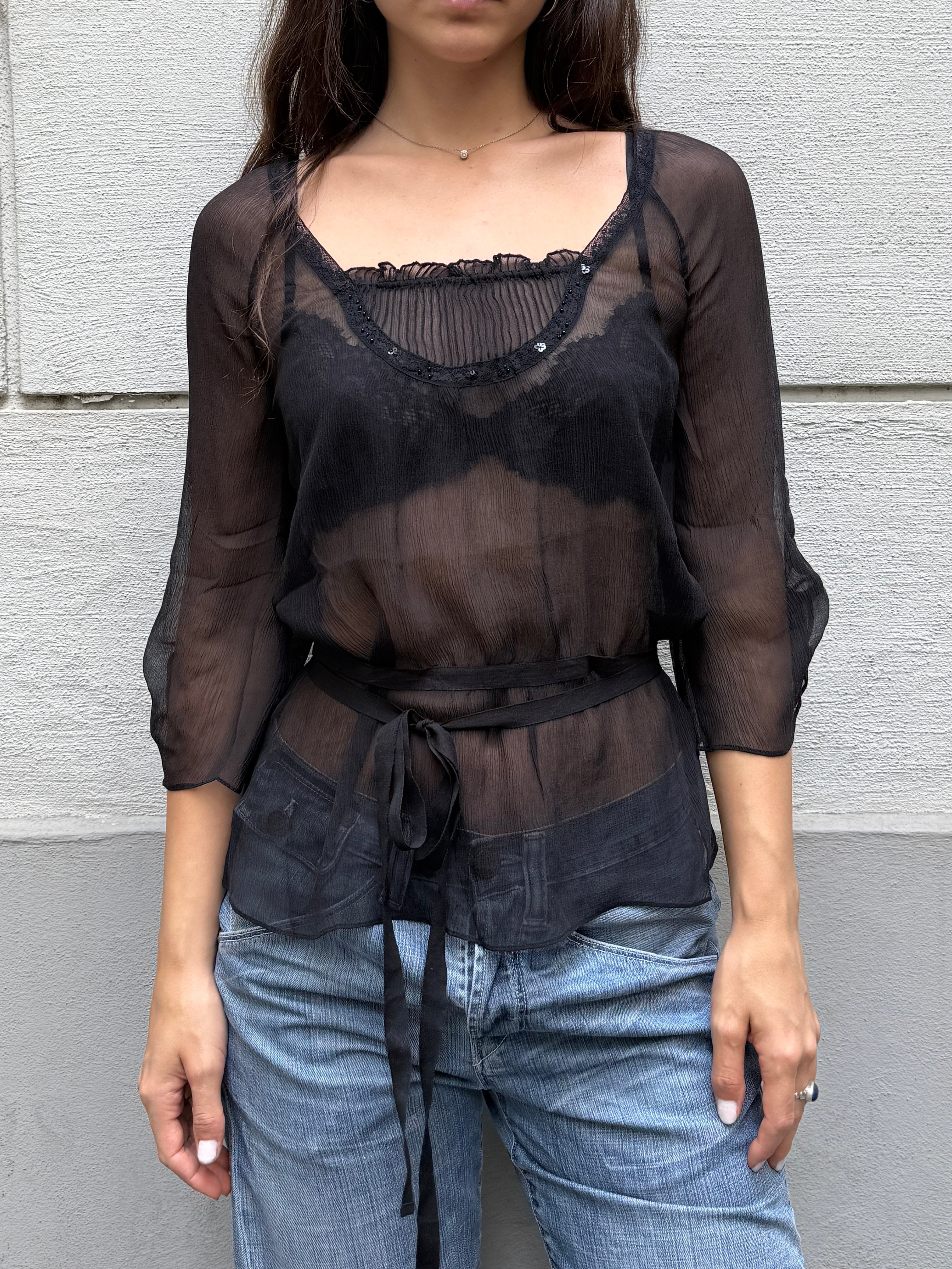 Vintage 100% Silk Black 3/4 Sleeve Blouse S/M