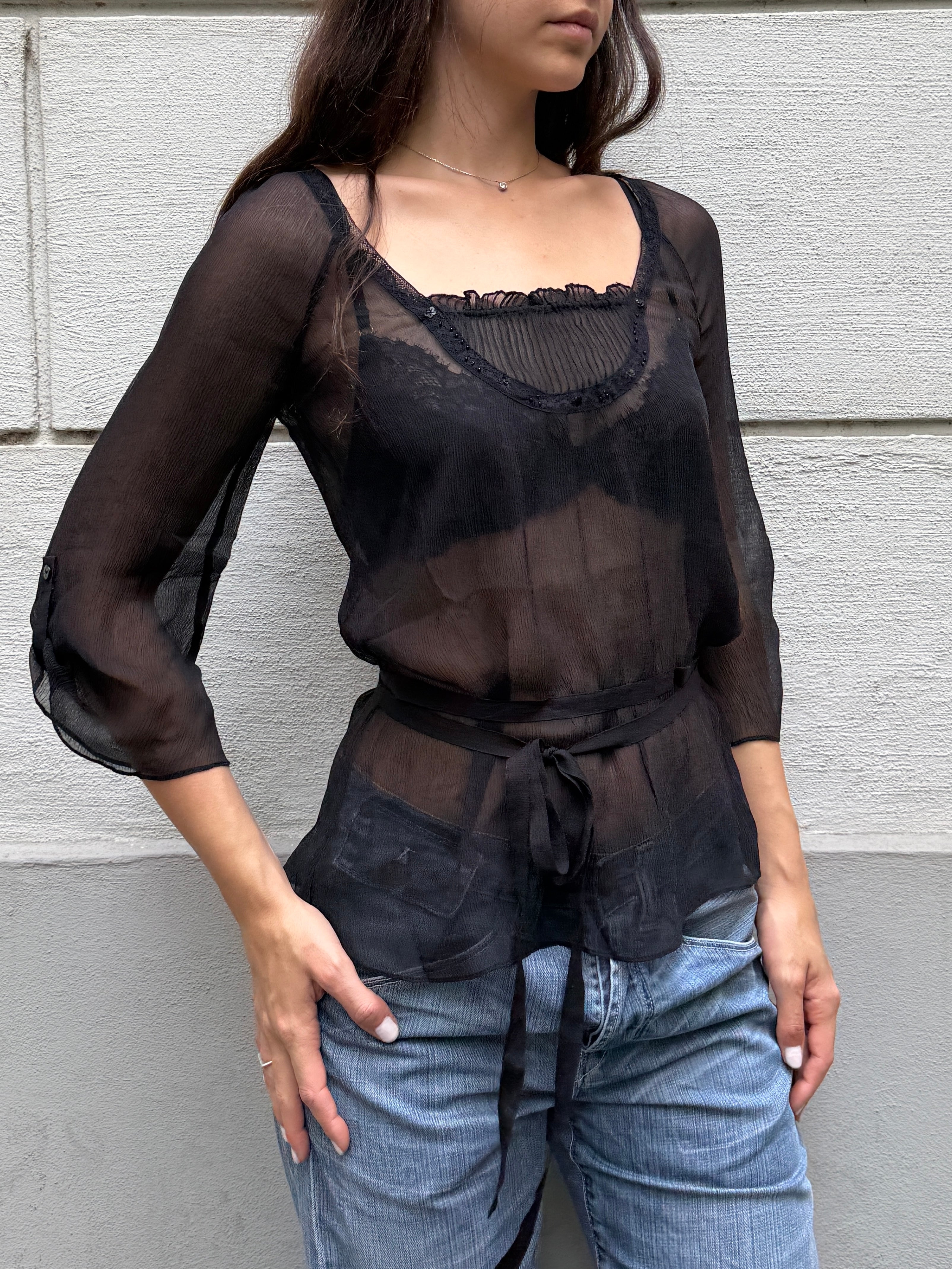 Vintage 100% Silk Black 3/4 Sleeve Blouse S/M
