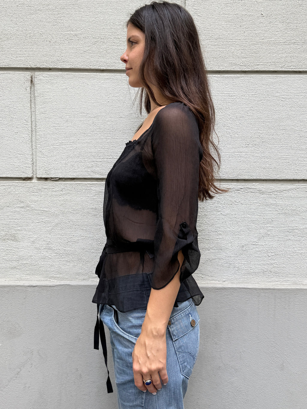 Vintage 100% Silk Black 3/4 Sleeve Blouse S/M