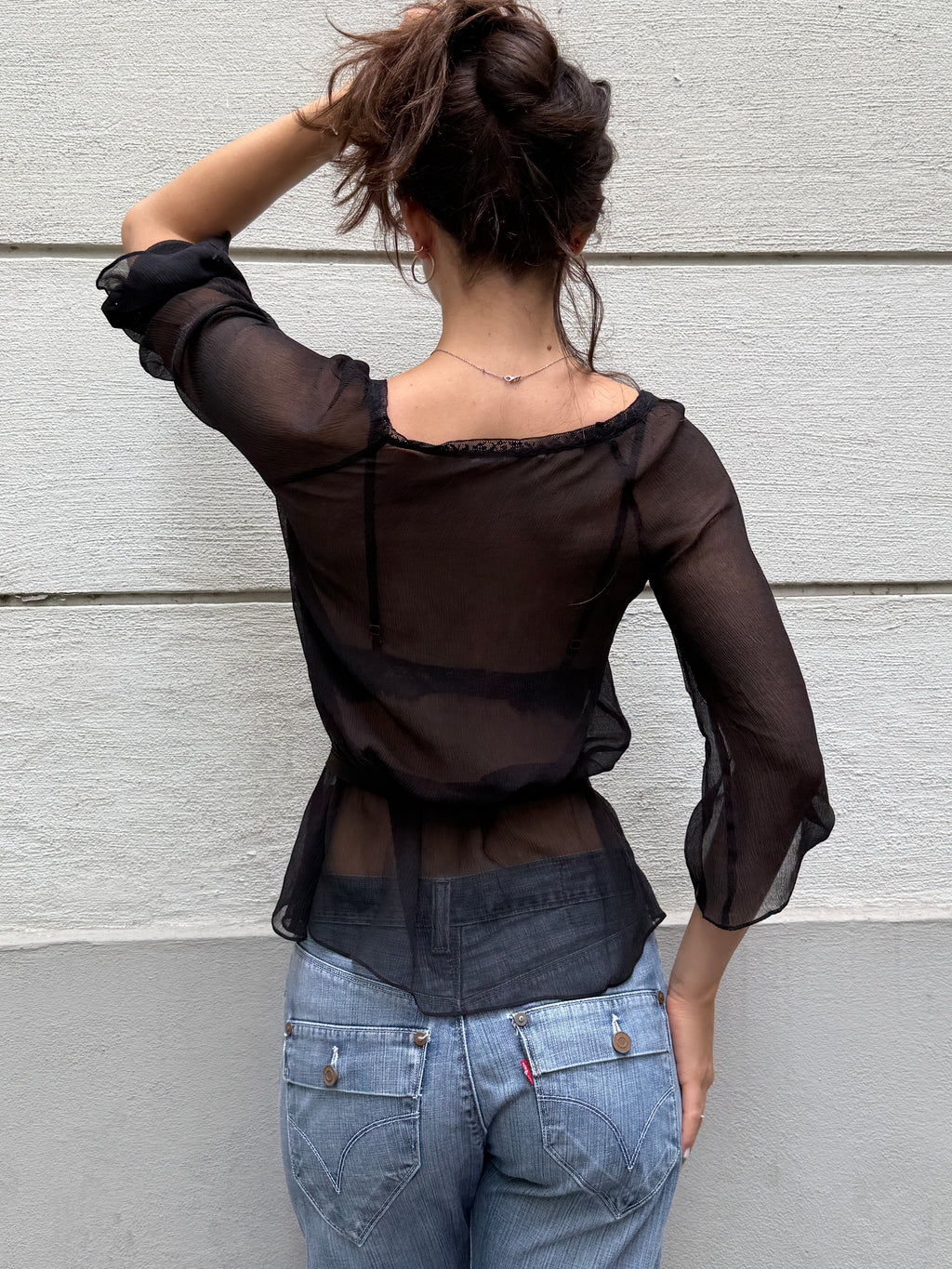 Vintage 100% Silk Black 3/4 Sleeve Blouse S/M