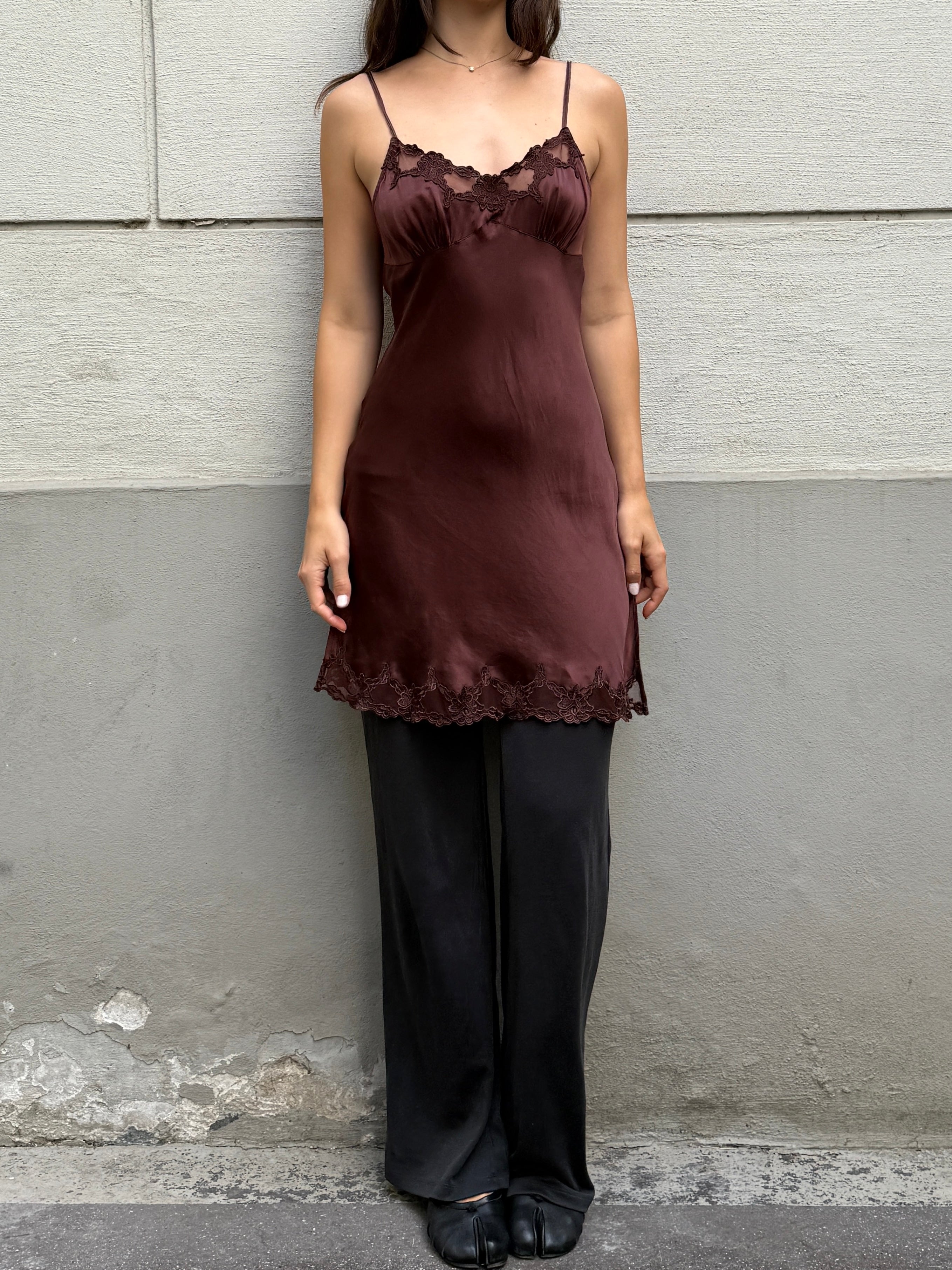 Vintage 100% Silk Brown Slip Dress S
