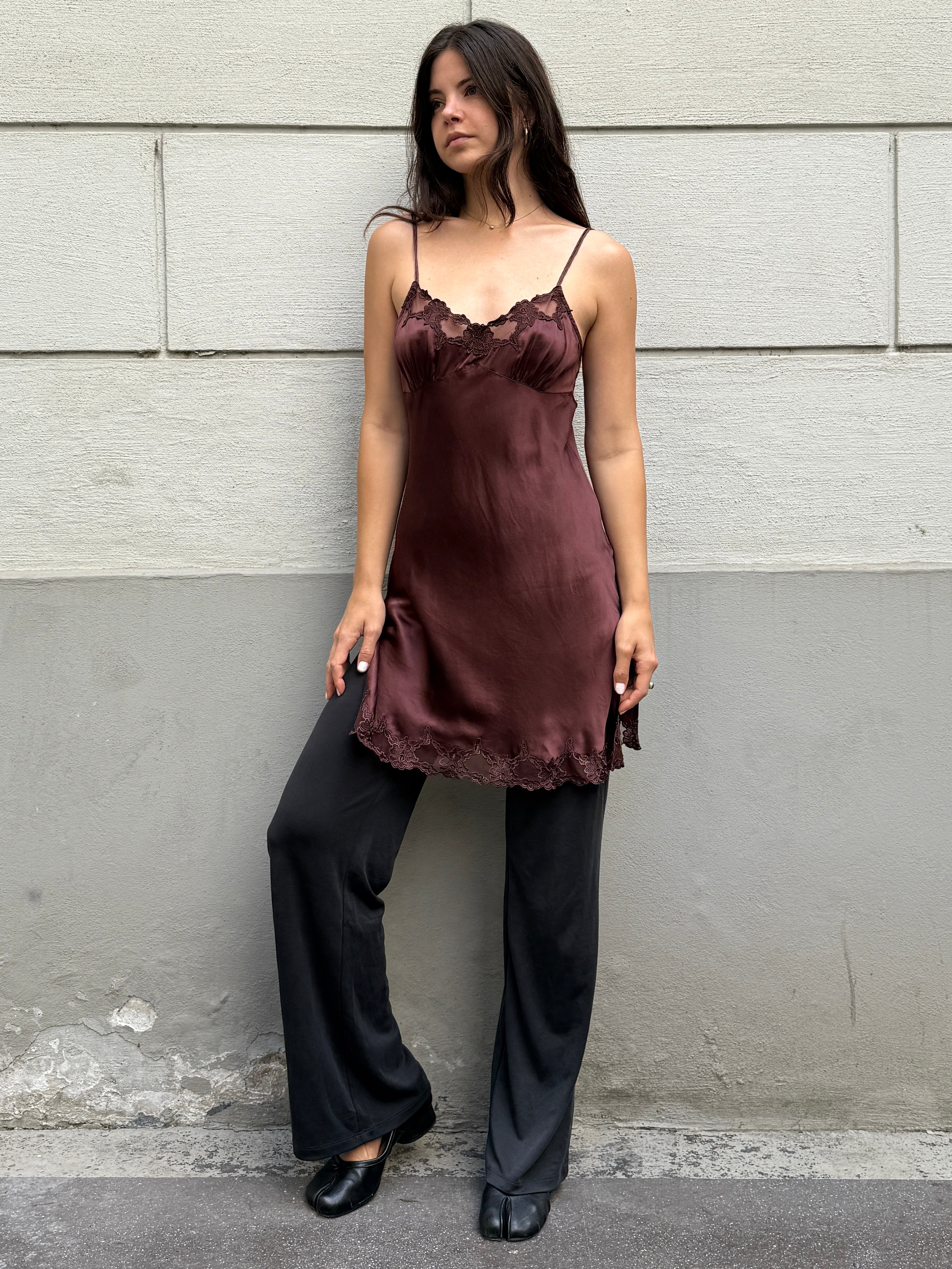 Vintage 100% Silk Brown Slip Dress S