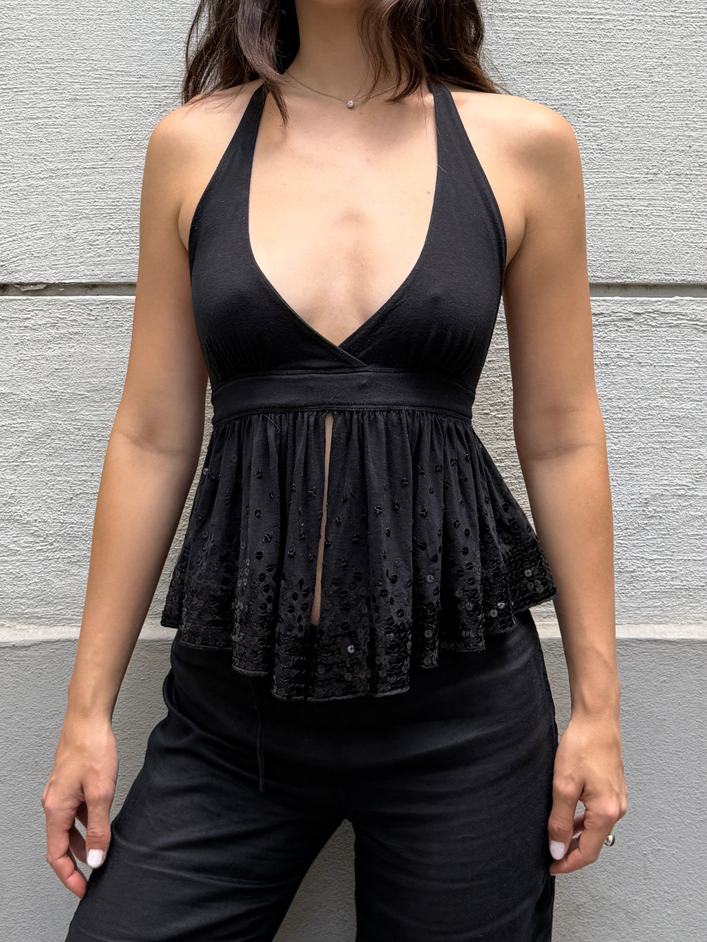 Vintage Y2K Viscose Black Halter Top Sequin