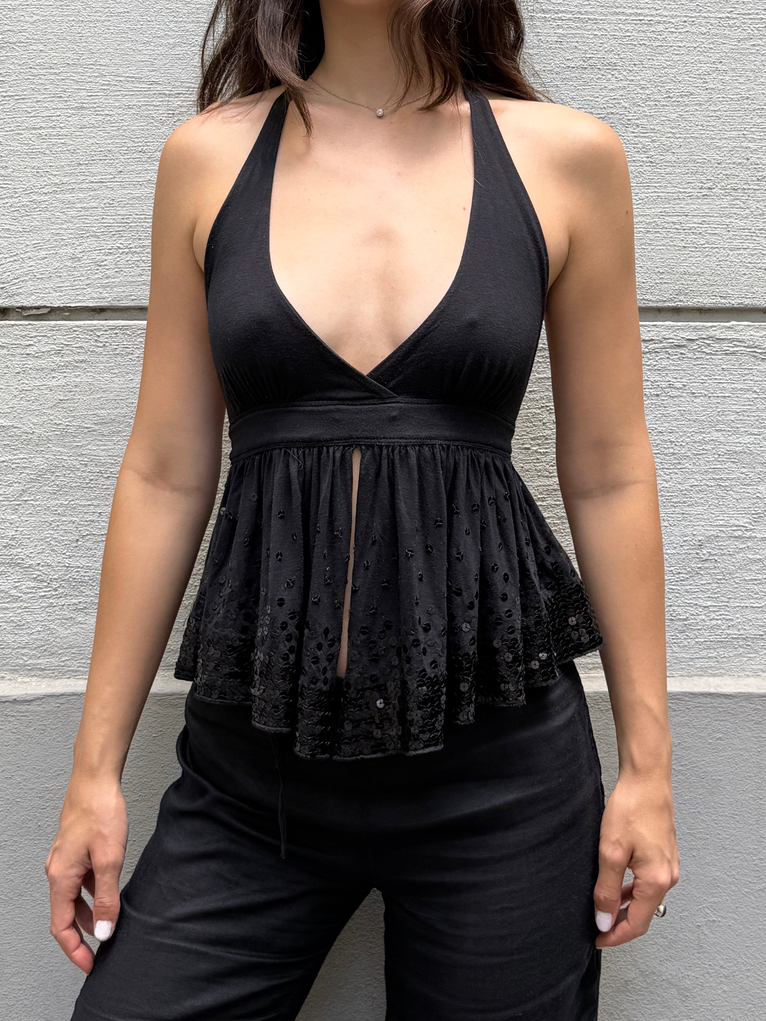 Vintage Y2K Viscose Black Halter Top Sequin