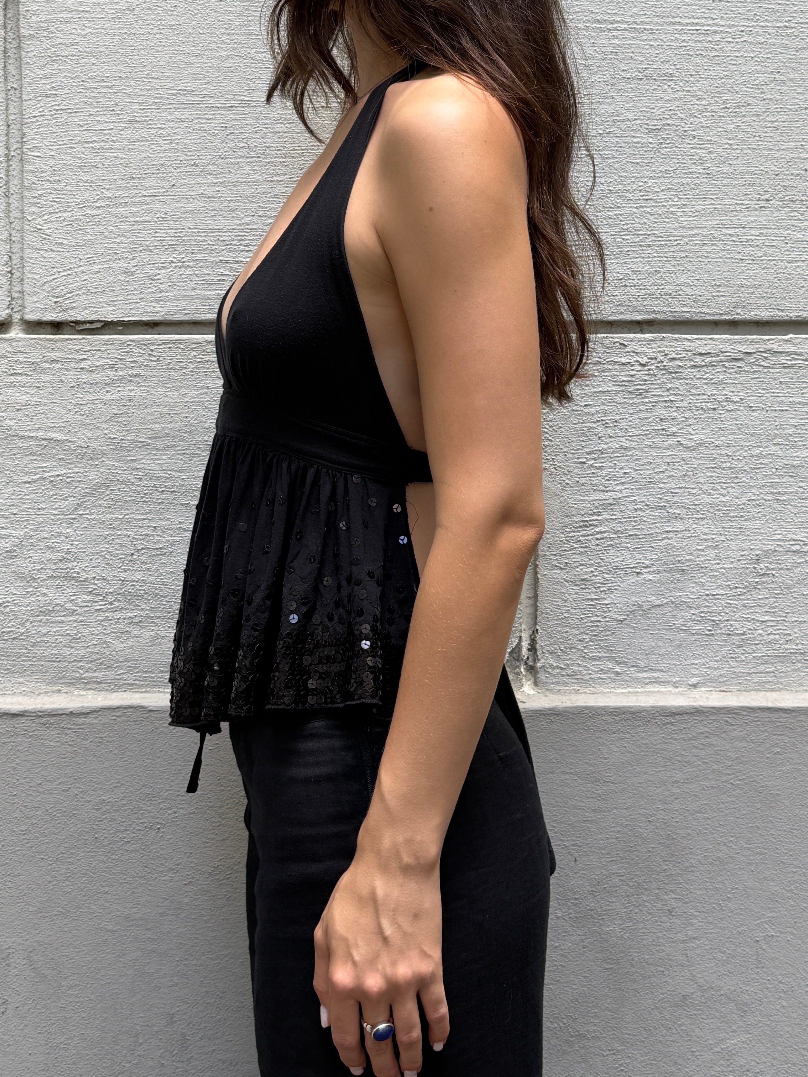 Vintage Y2K Viscose Black Halter Top Sequin