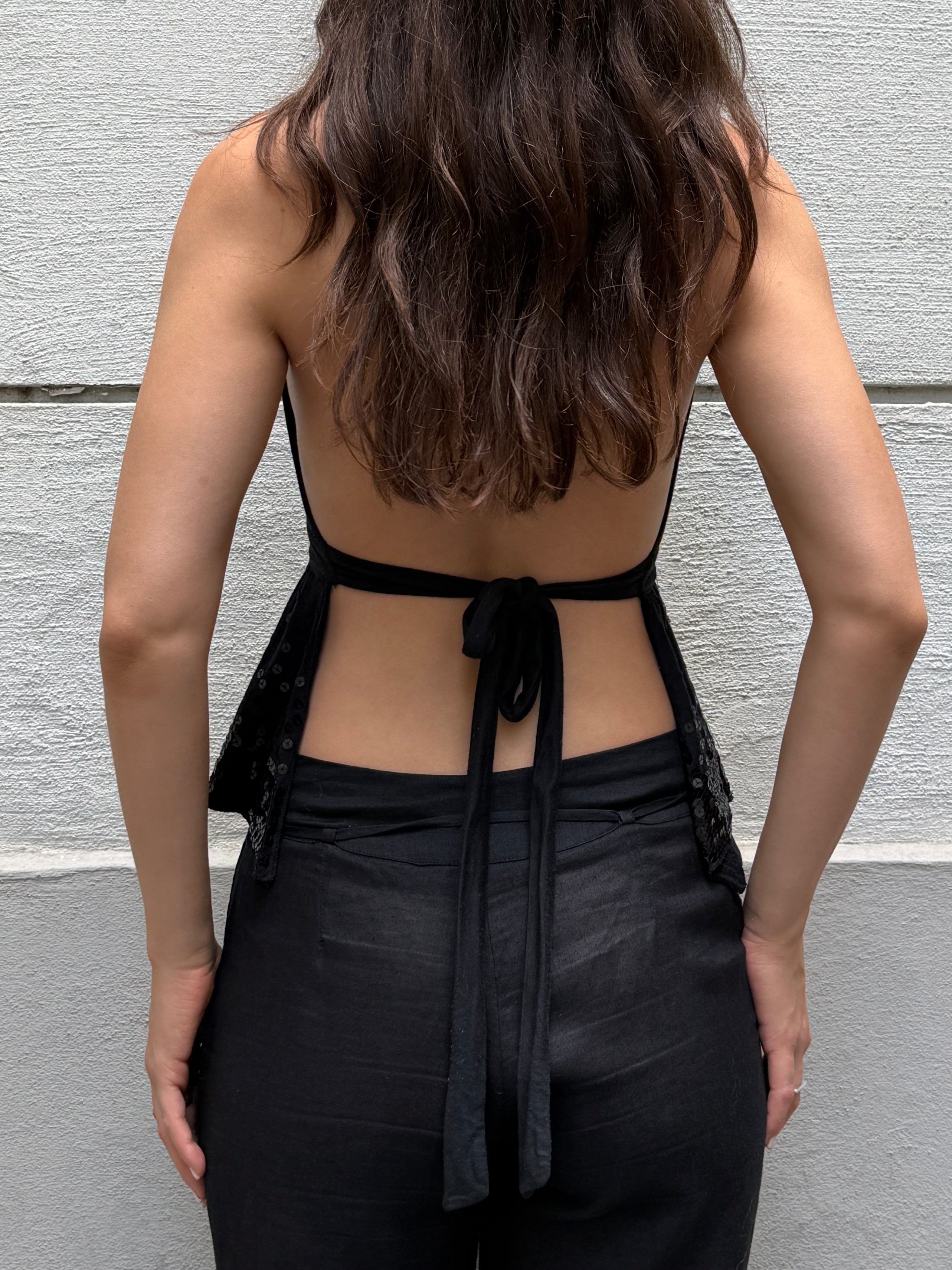 Vintage Y2K Viscose Black Halter Top Sequin