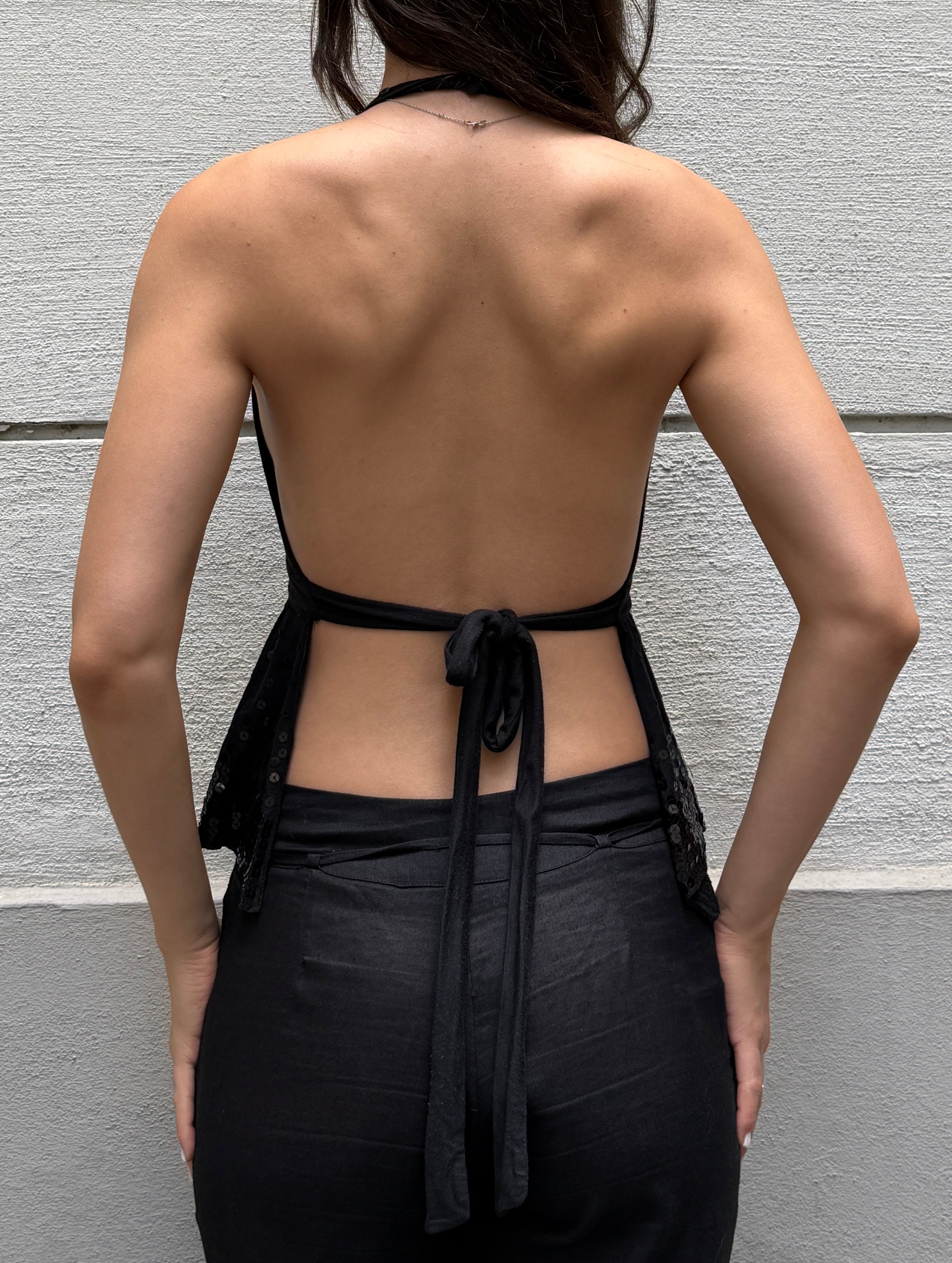 Vintage Y2K Viscose Black Halter Top Sequin
