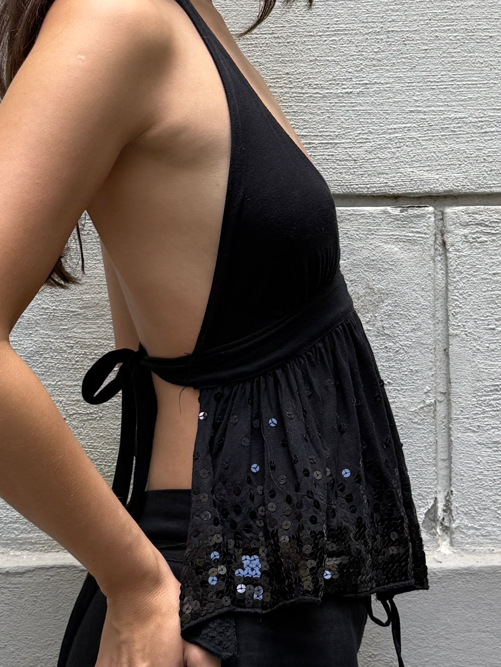 Vintage Y2K Viscose Black Halter Top Sequin