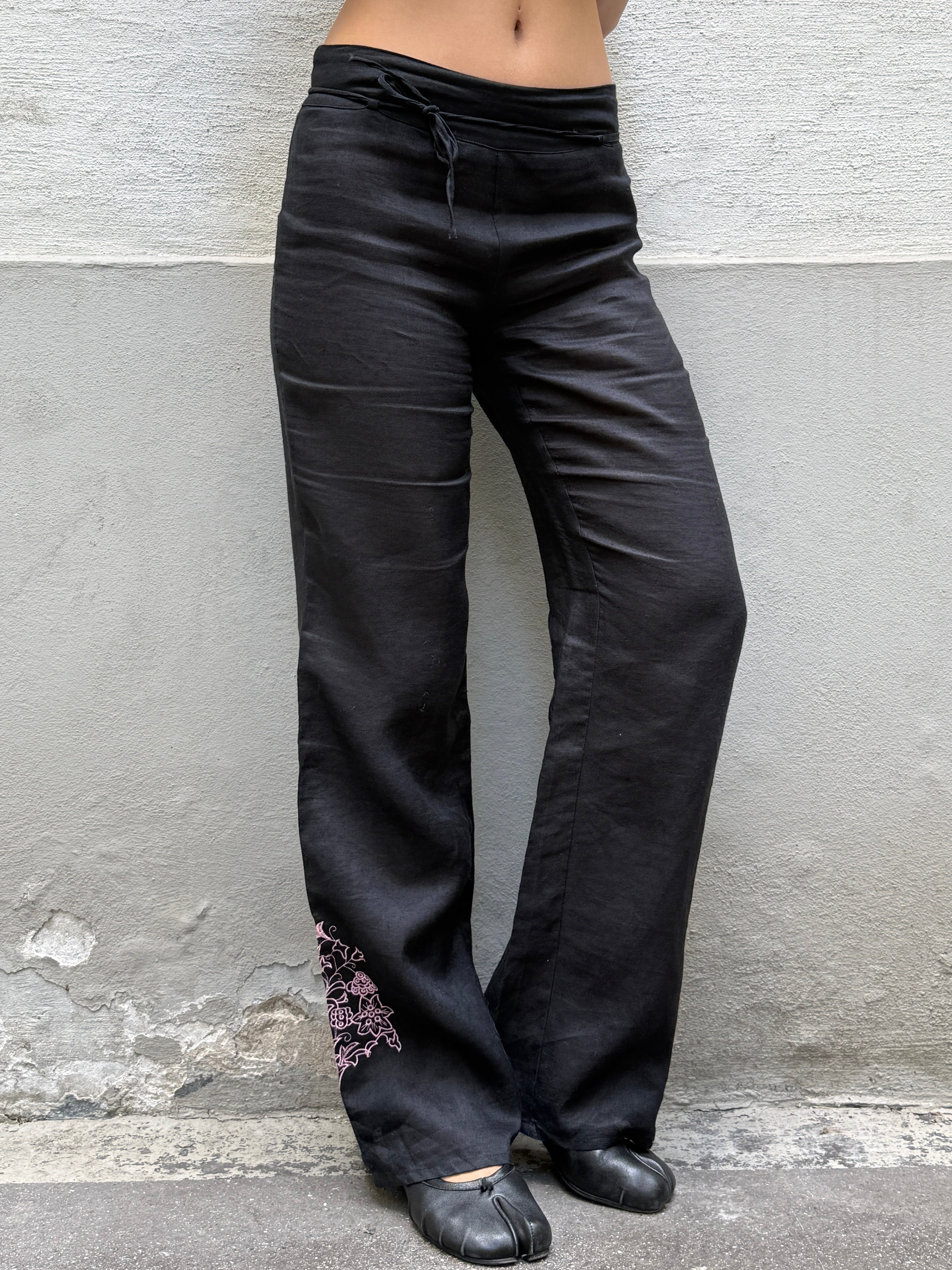 Vintage Ramie Black Straight Leg Trousers S