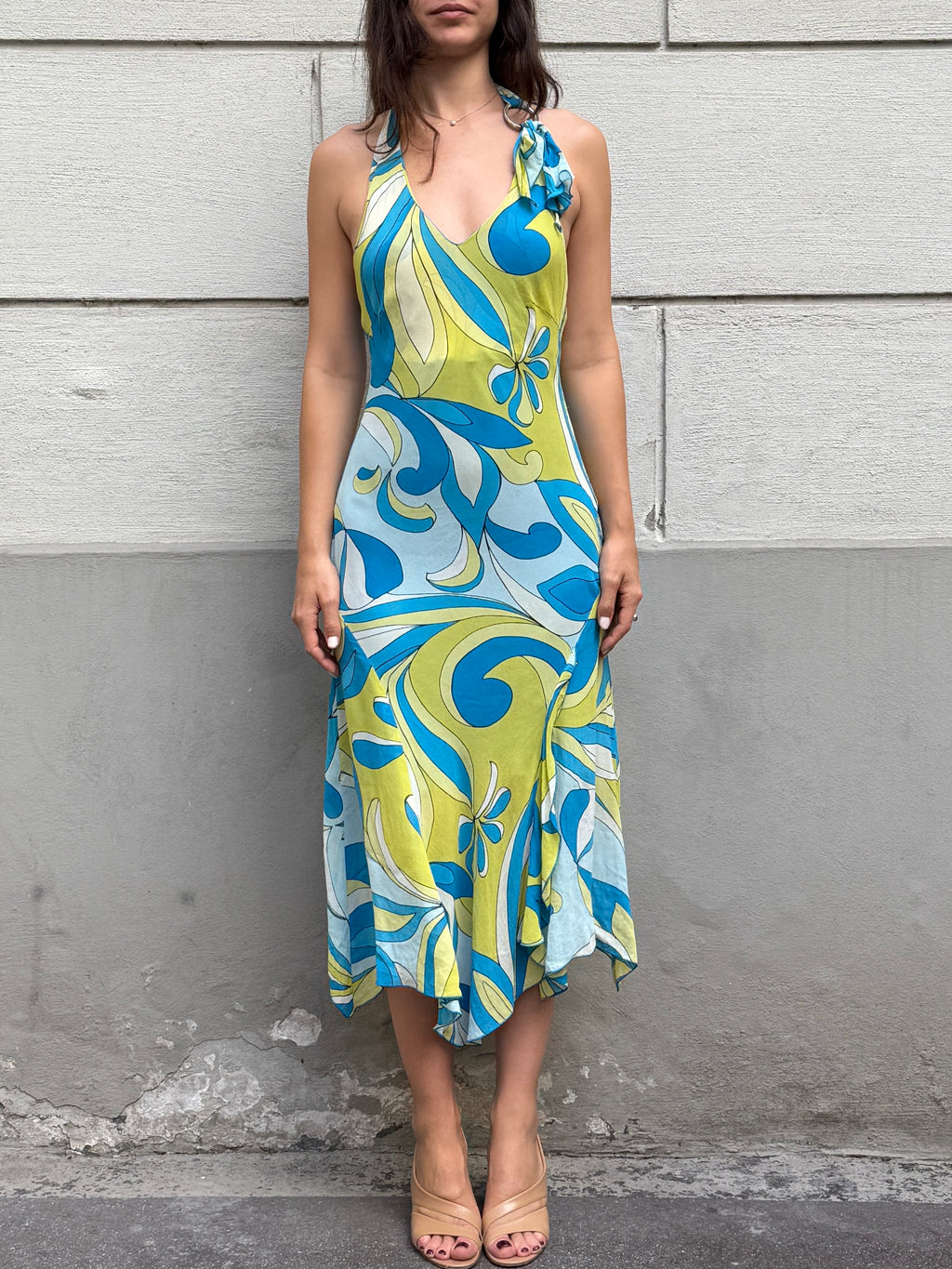 Vintage Y2K 100% Viscose Halter Print Midi Dress S