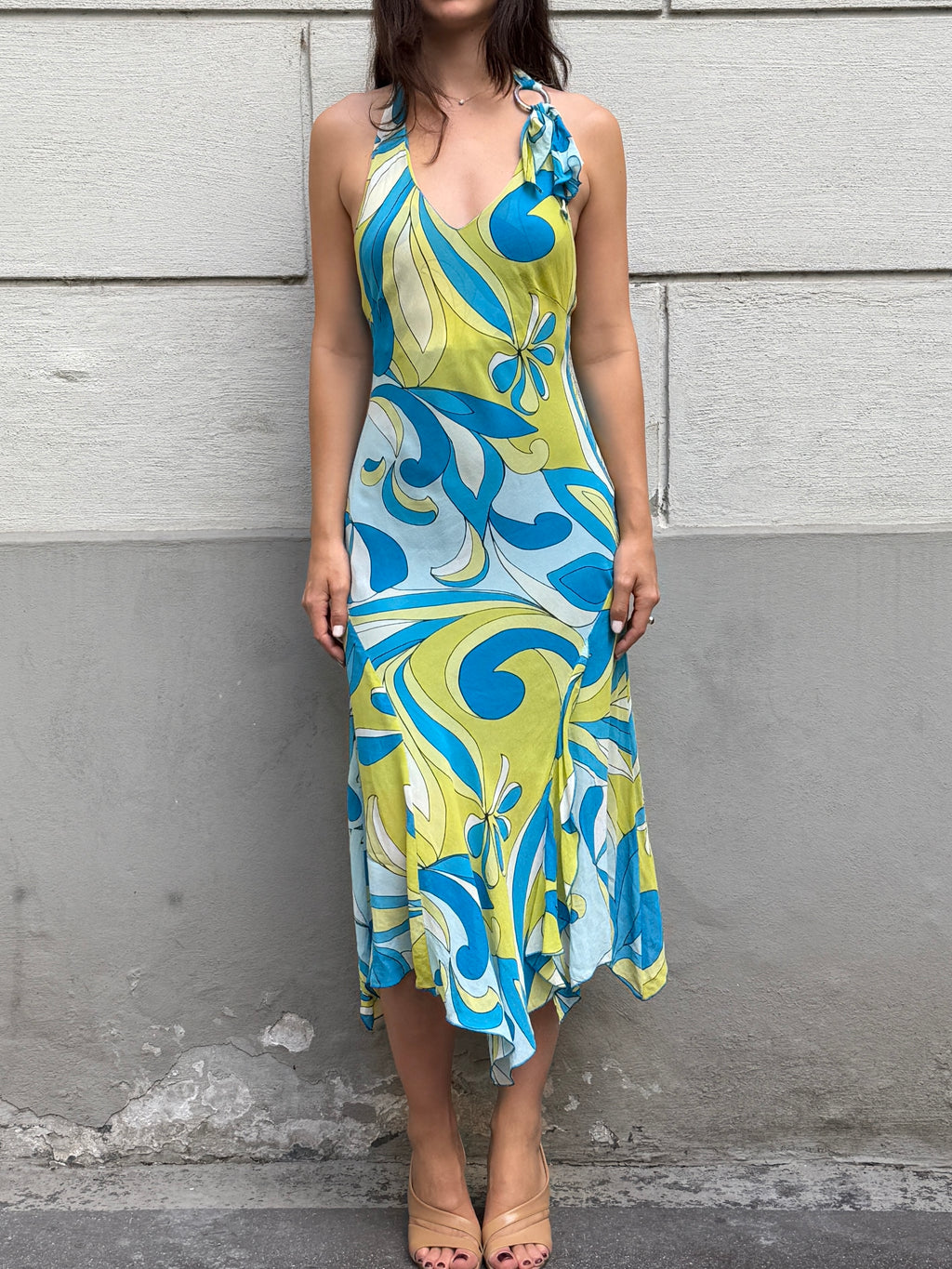 Vintage Y2K 100% Viscose Halter Print Midi Dress S