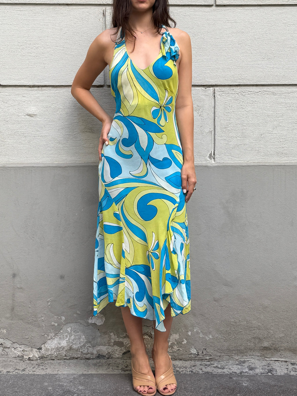 Vintage Y2K 100% Viscose Halter Print Midi Dress S