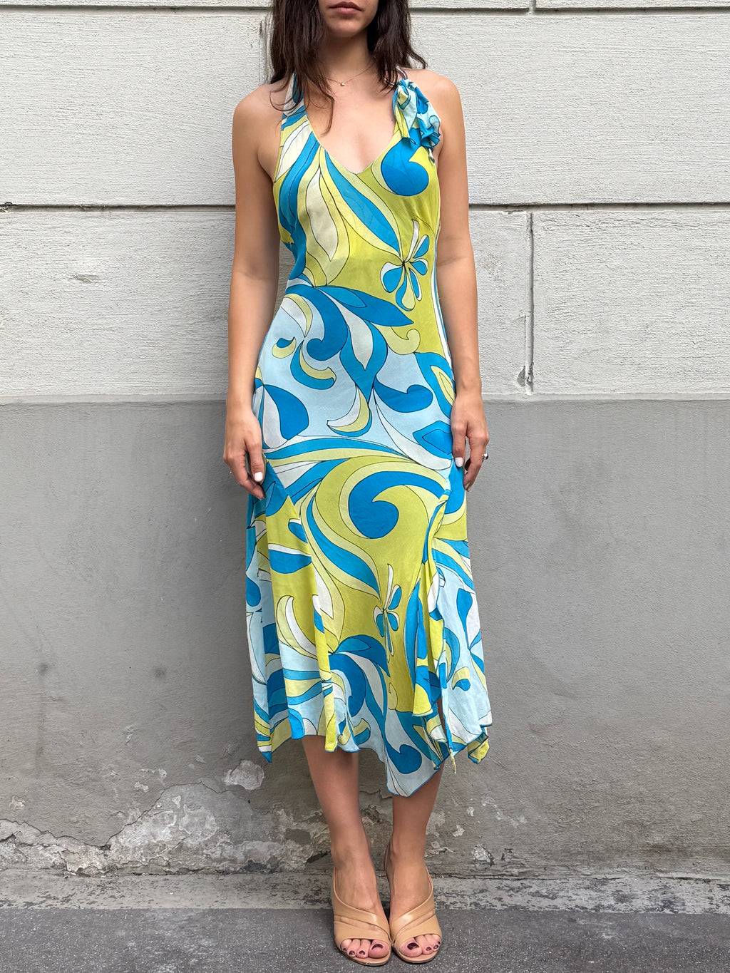 Vintage Y2K 100% Viscose Halter Print Midi Dress S