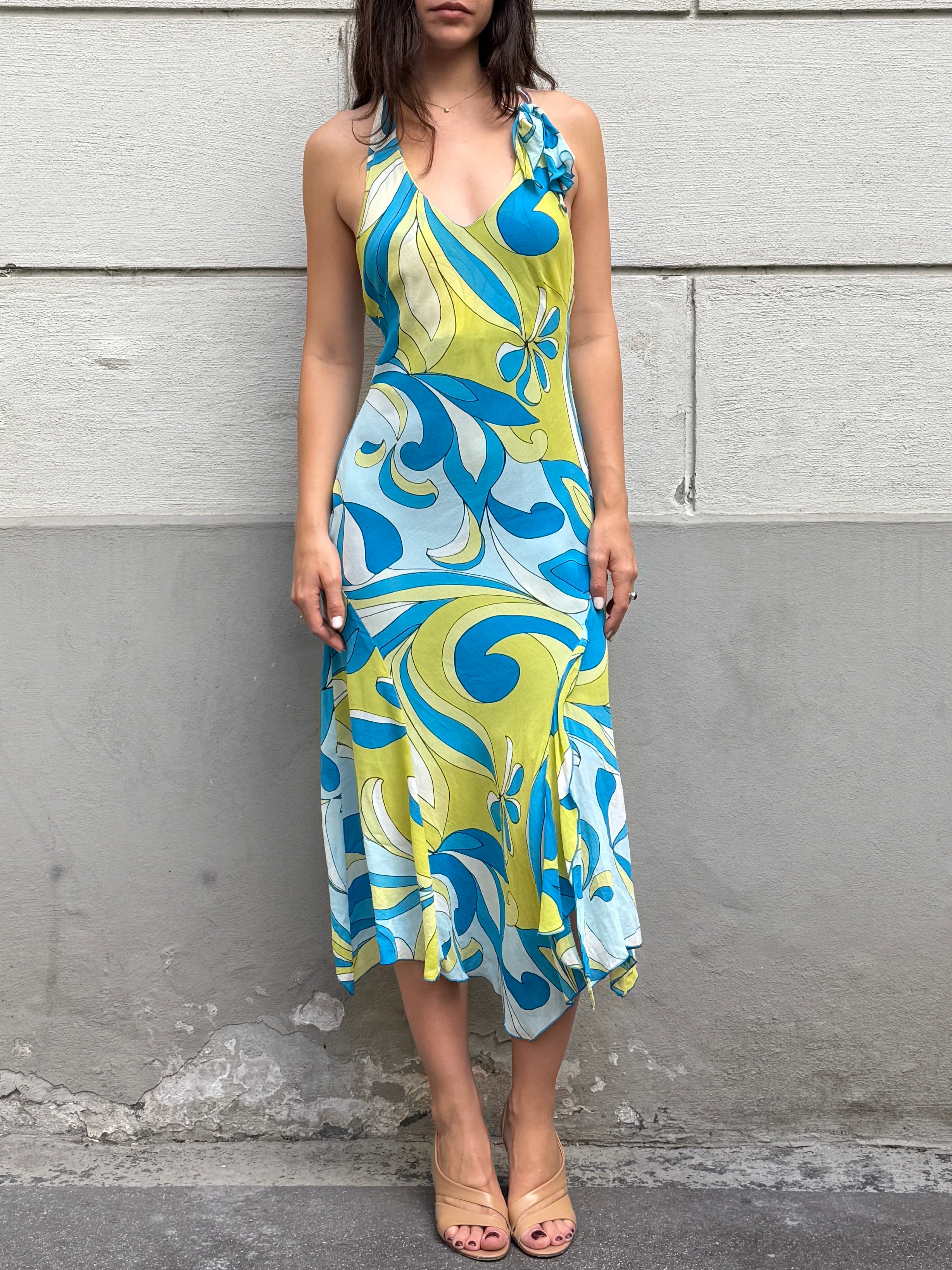 Vintage Y2K 100% Viscose Halter Print Midi Dress S