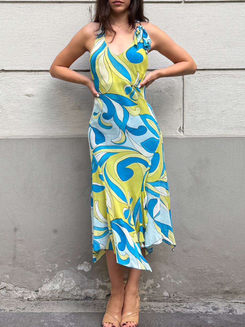 Vintage Y2K 100% Viscose Halter Print Midi Dress S