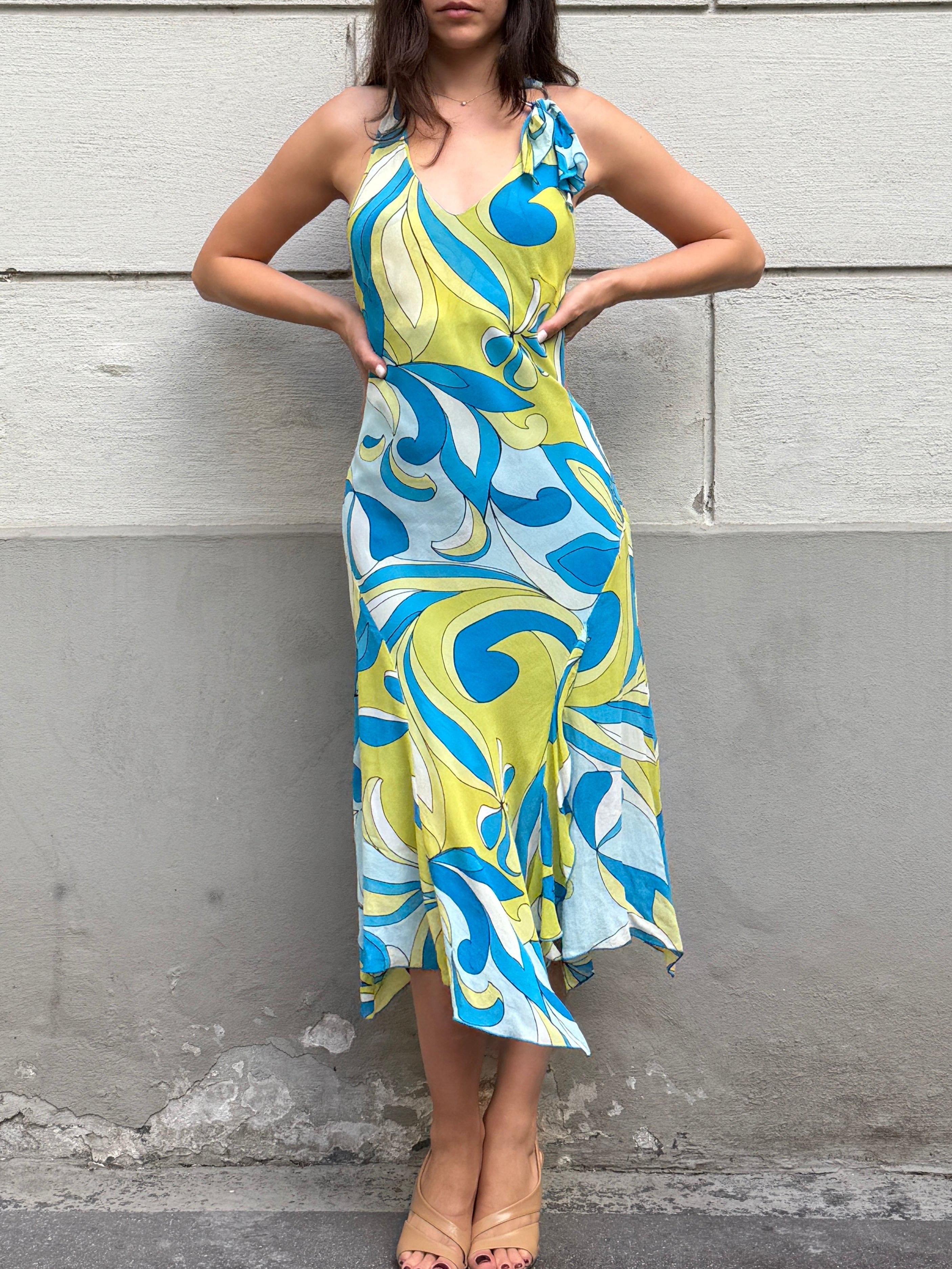 Vintage Y2K 100% Viscose Halter Print Midi Dress S