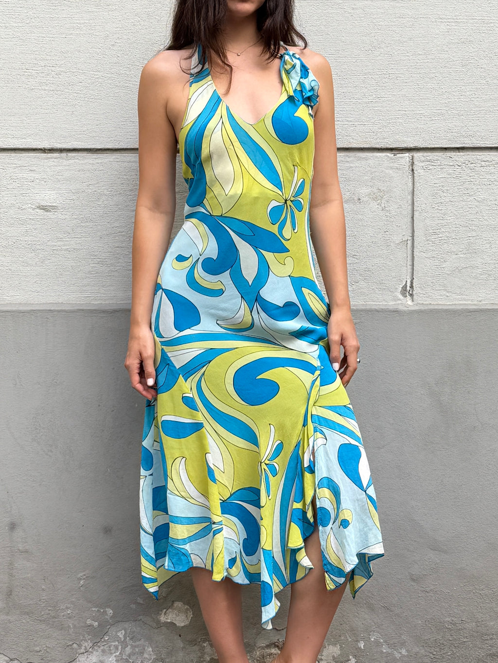 Vintage Y2K 100% Viscose Halter Print Midi Dress S