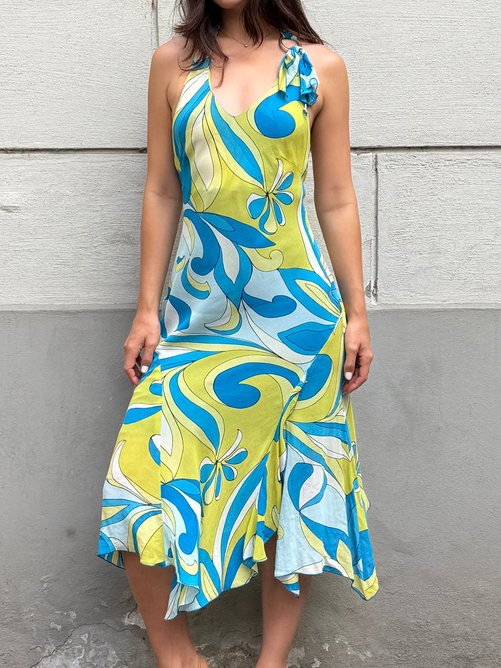 Vintage Y2K 100% Viscose Halter Print Midi Dress S