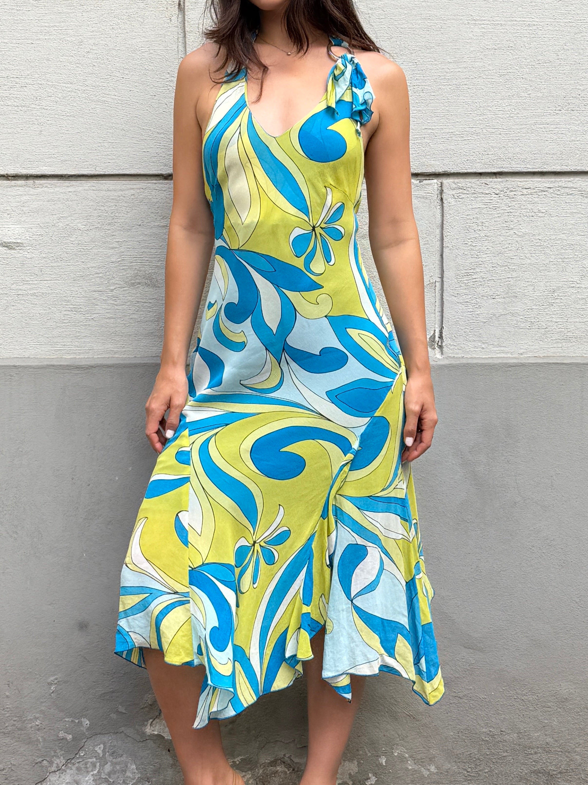 Vintage Y2K 100% Viscose Halter Print Midi Dress S