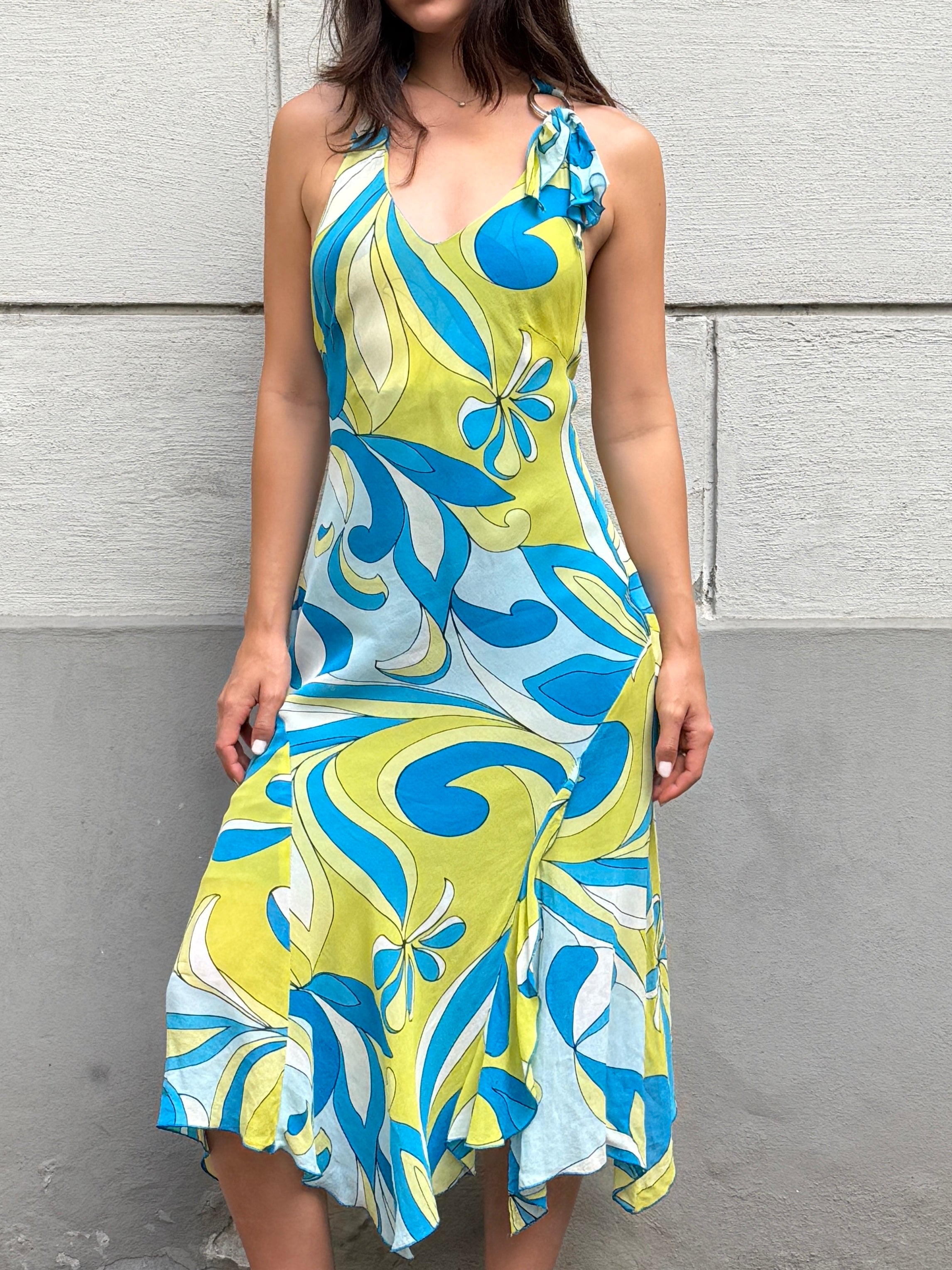 Vintage Y2K 100% Viscose Halter Print Midi Dress S