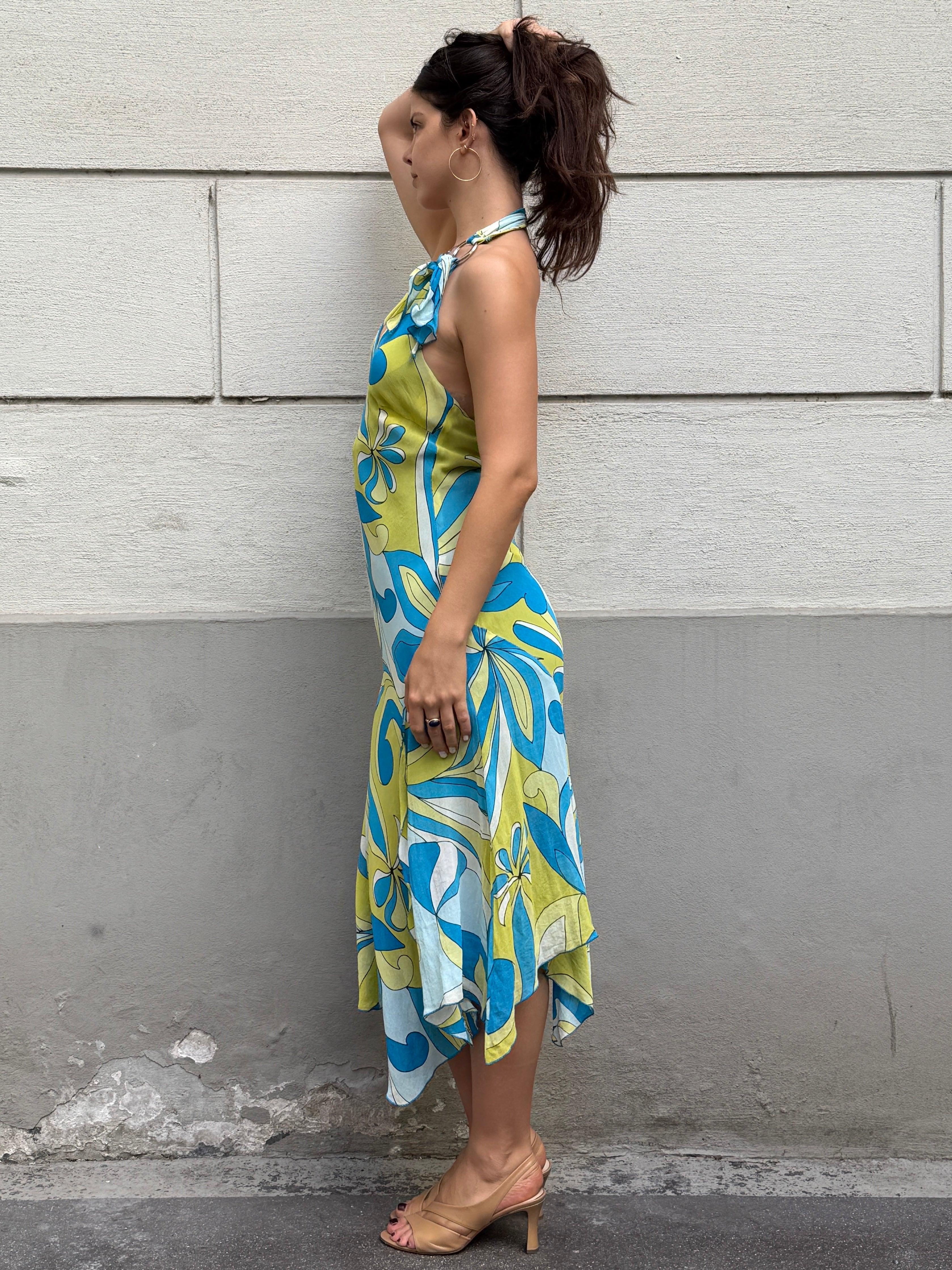 Vintage Y2K 100% Viscose Halter Print Midi Dress S