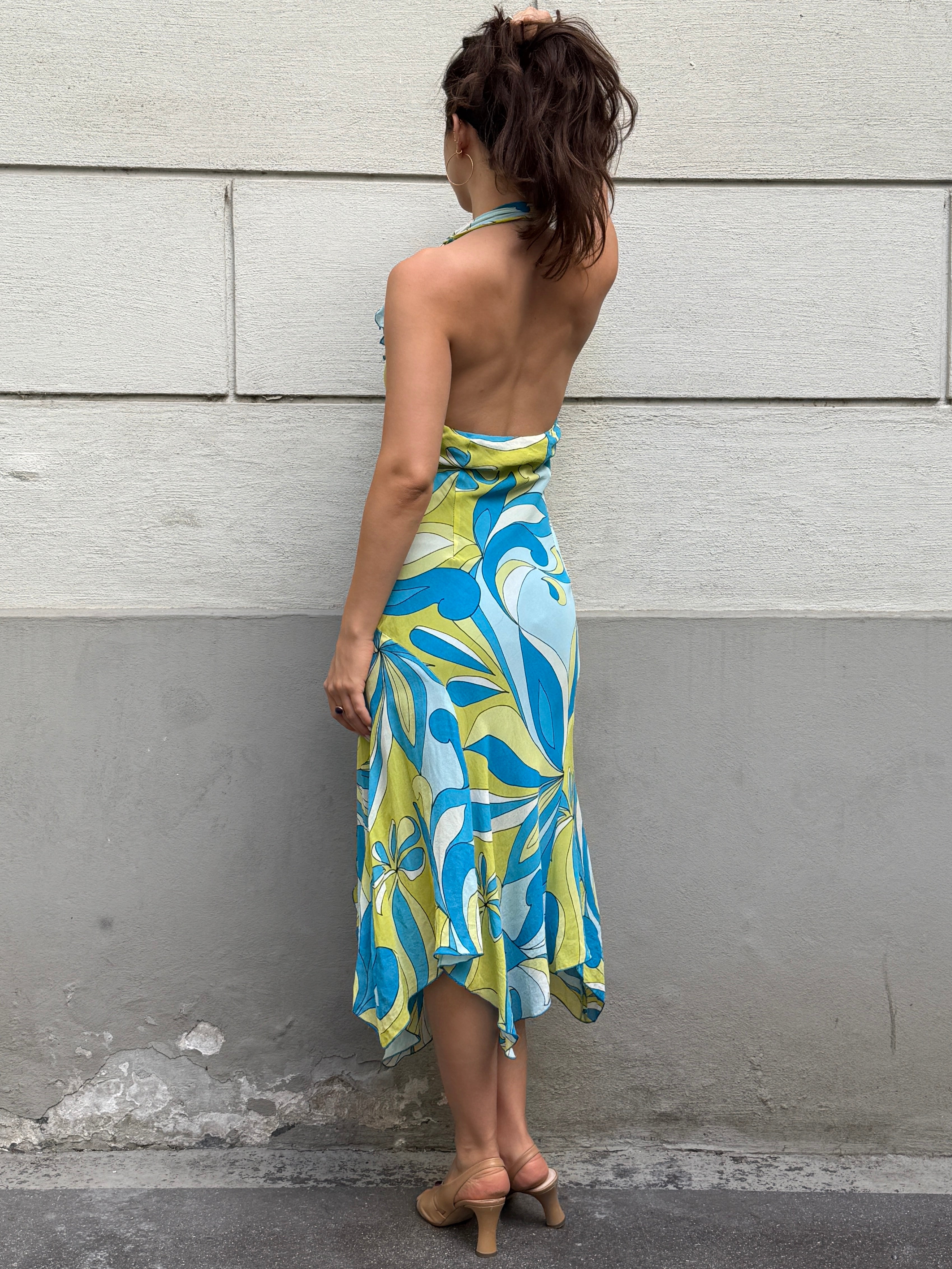 Vintage Y2K 100% Viscose Halter Print Midi Dress S
