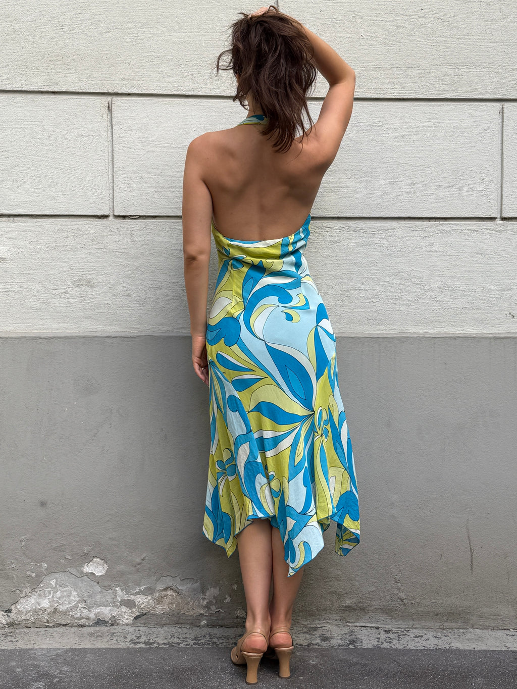 Vintage Y2K 100% Viscose Halter Print Midi Dress S