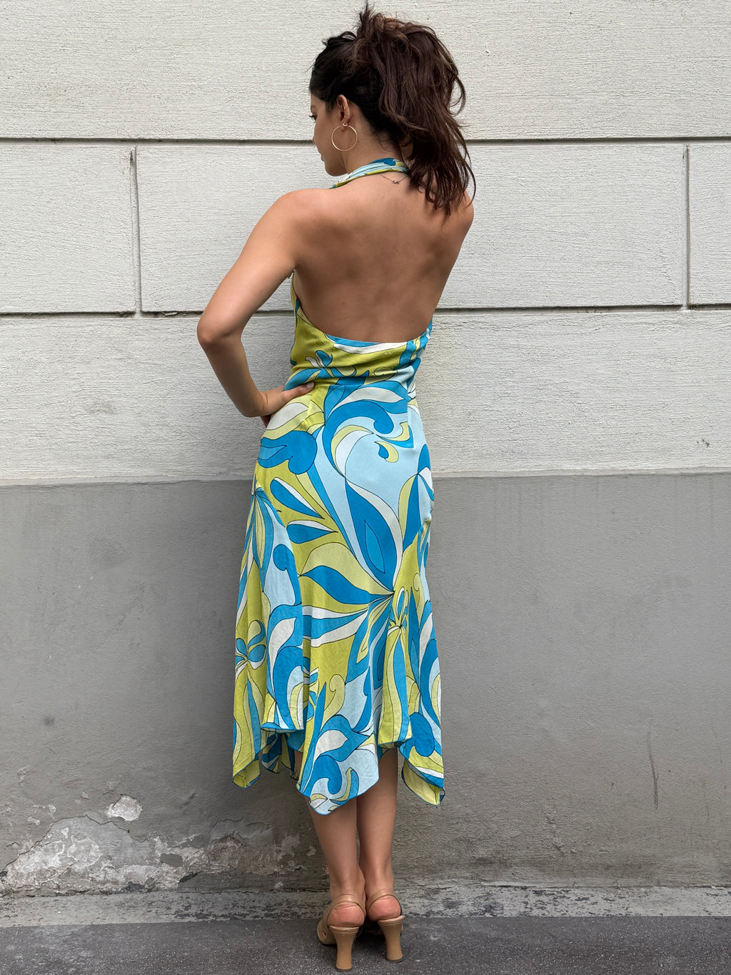 Vintage Y2K 100% Viscose Halter Print Midi Dress S