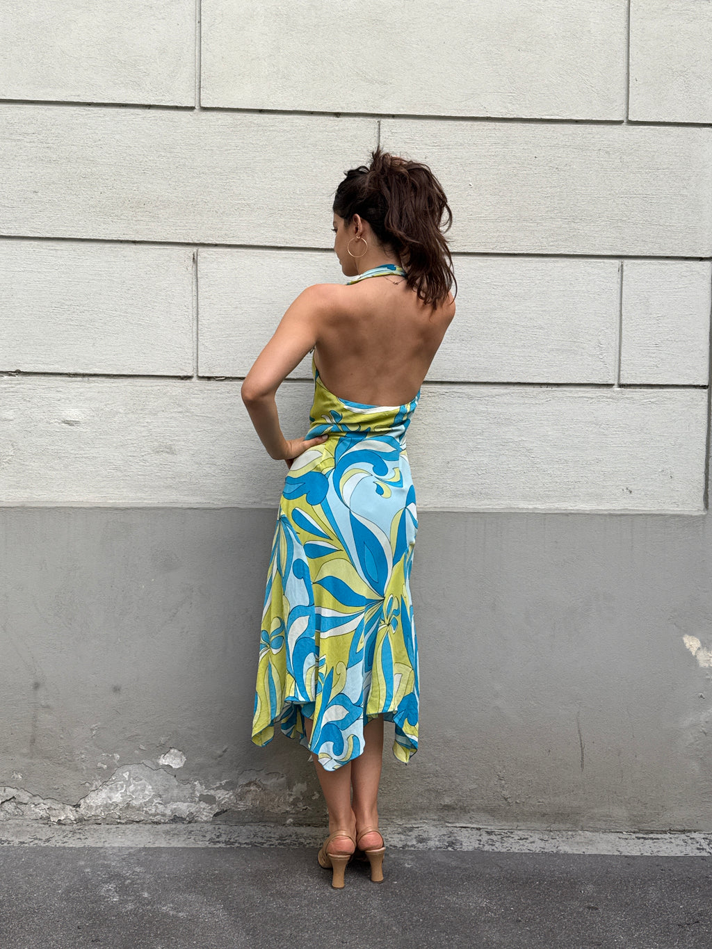 Vintage Y2K 100% Viscose Halter Print Midi Dress S