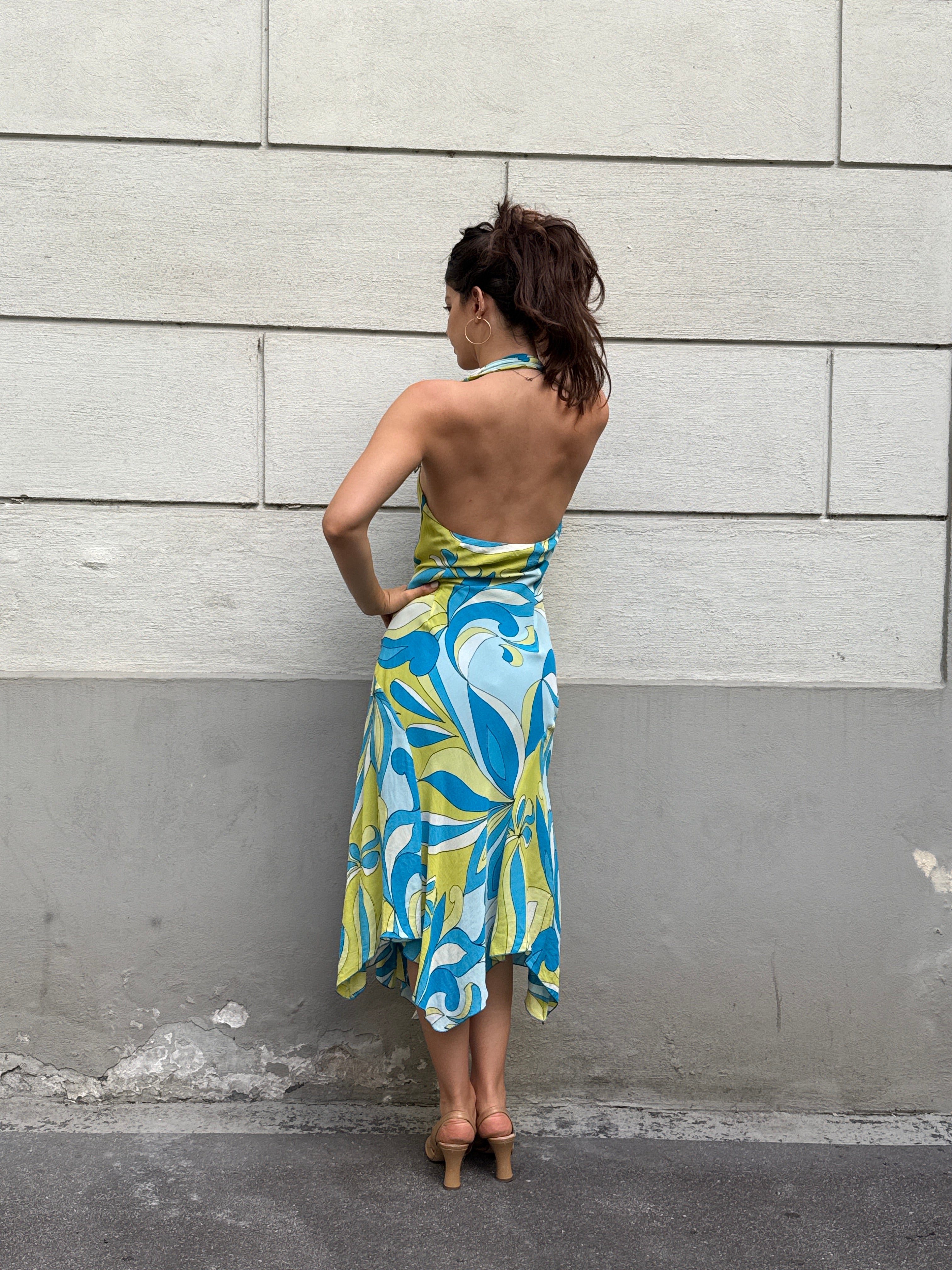 Vintage Y2K 100% Viscose Halter Print Midi Dress S