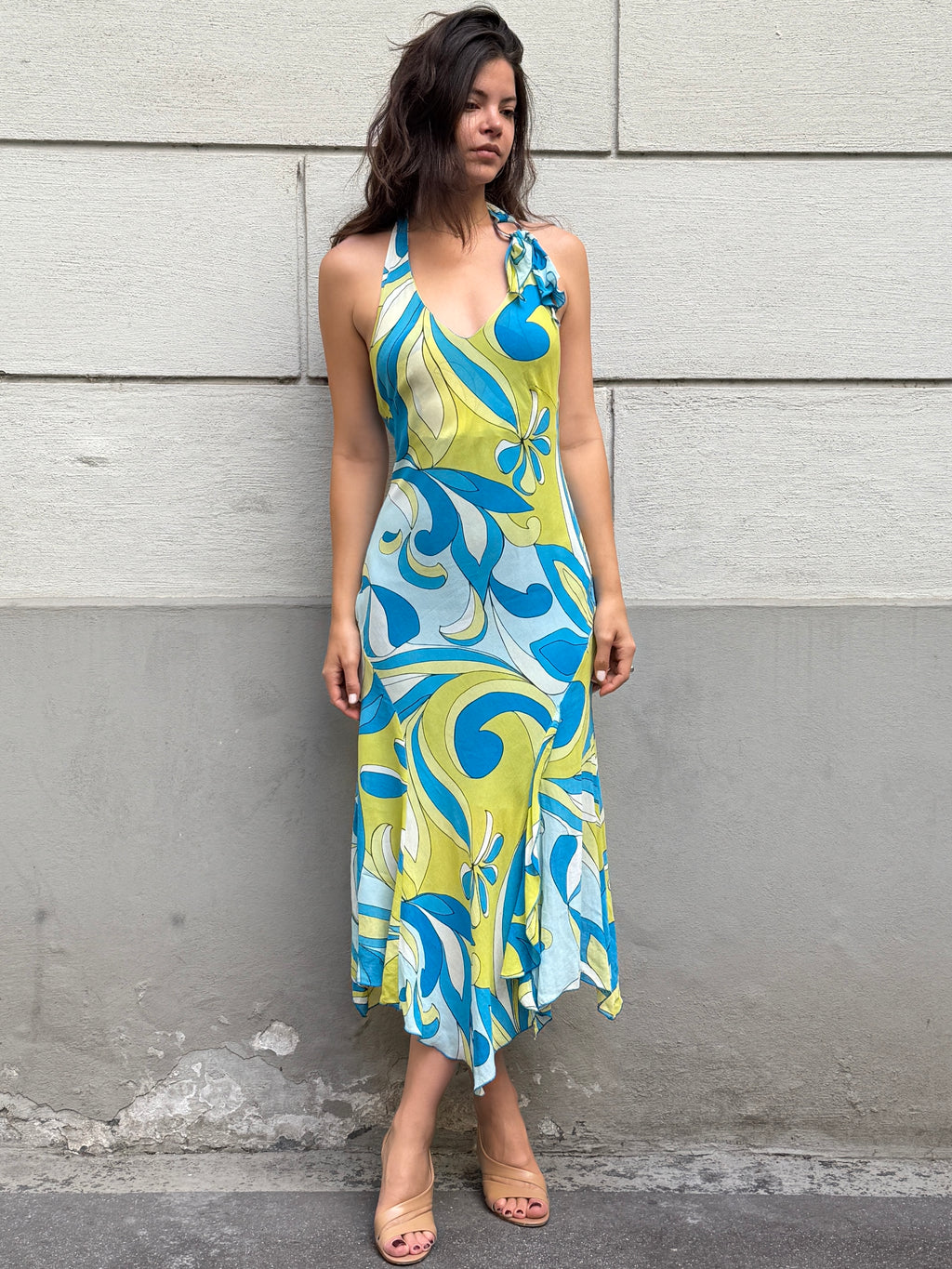 Vintage Y2K 100% Viscose Halter Print Midi Dress S