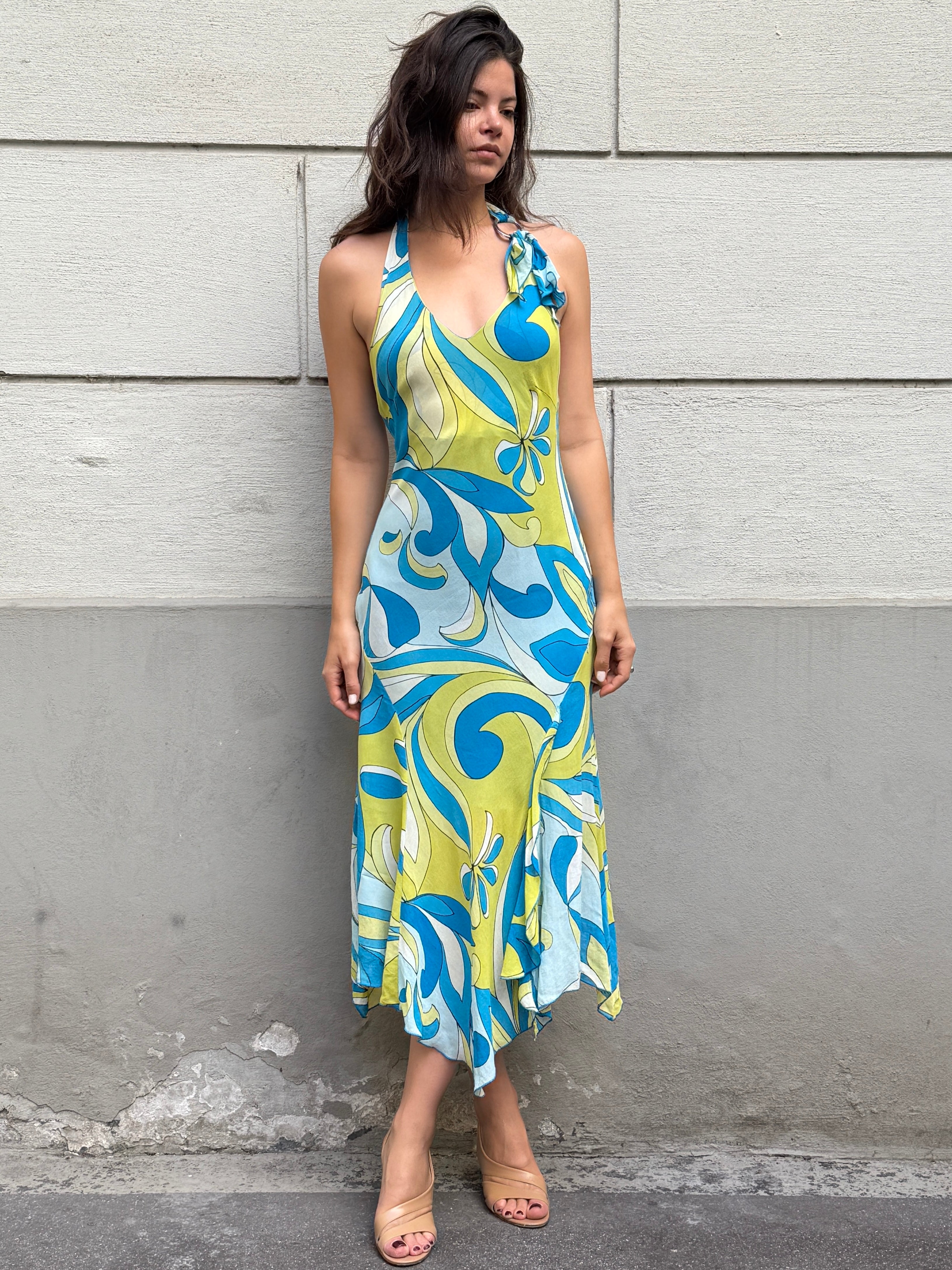 Vintage Y2K 100% Viscose Halter Print Midi Dress S