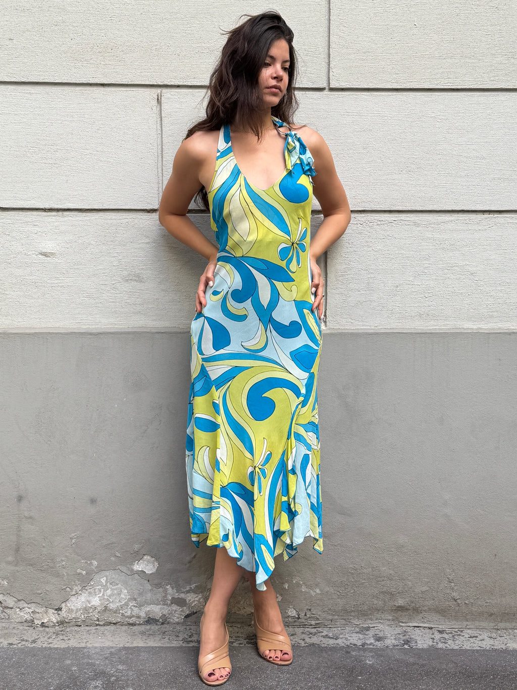 Vintage Y2K 100% Viscose Halter Print Midi Dress S