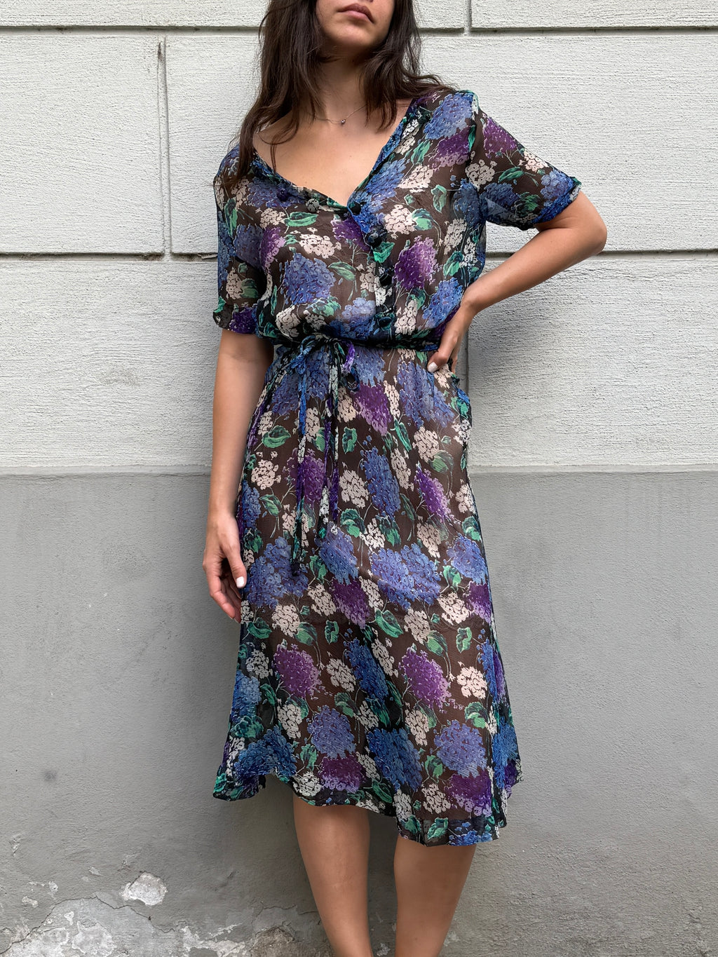 Vintage 100% Silk Blue Printed Midi Dress M