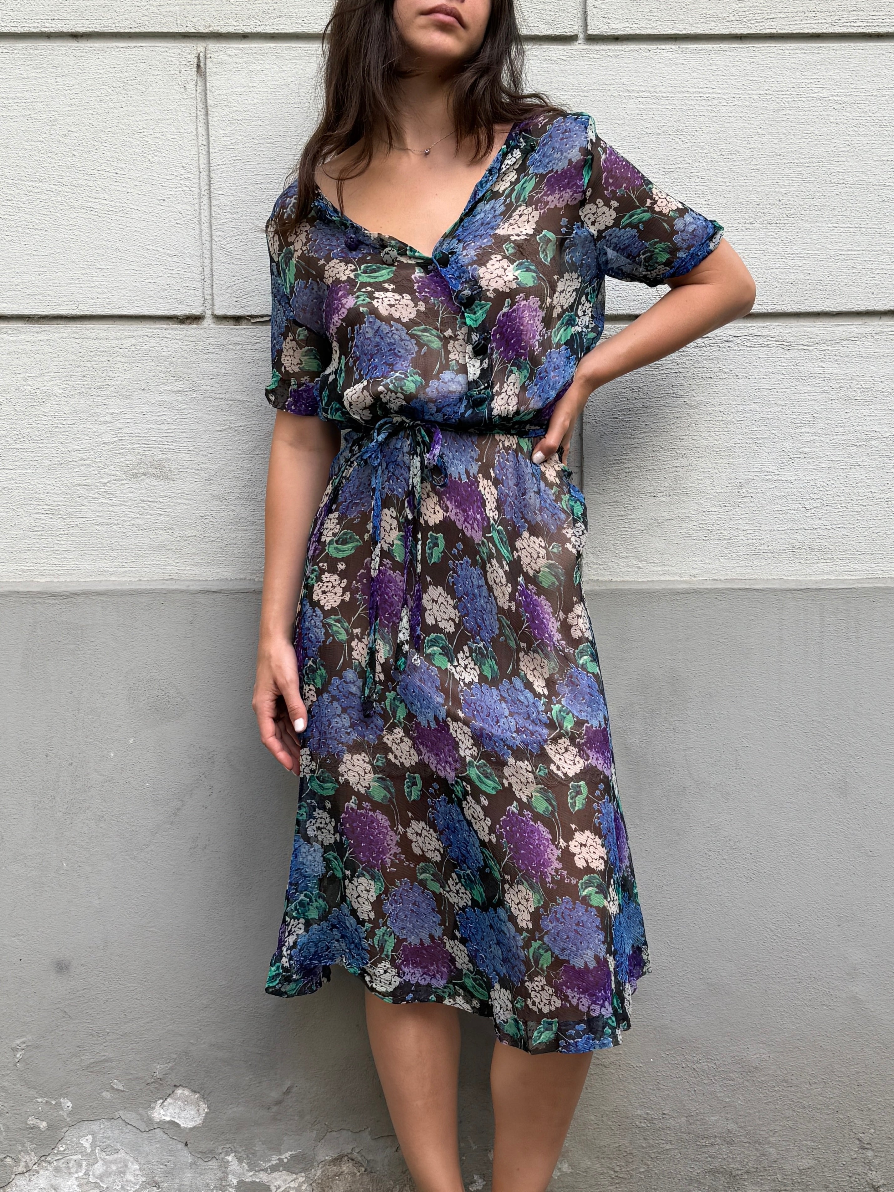 Vintage 100% Silk Blue Printed Midi Dress M